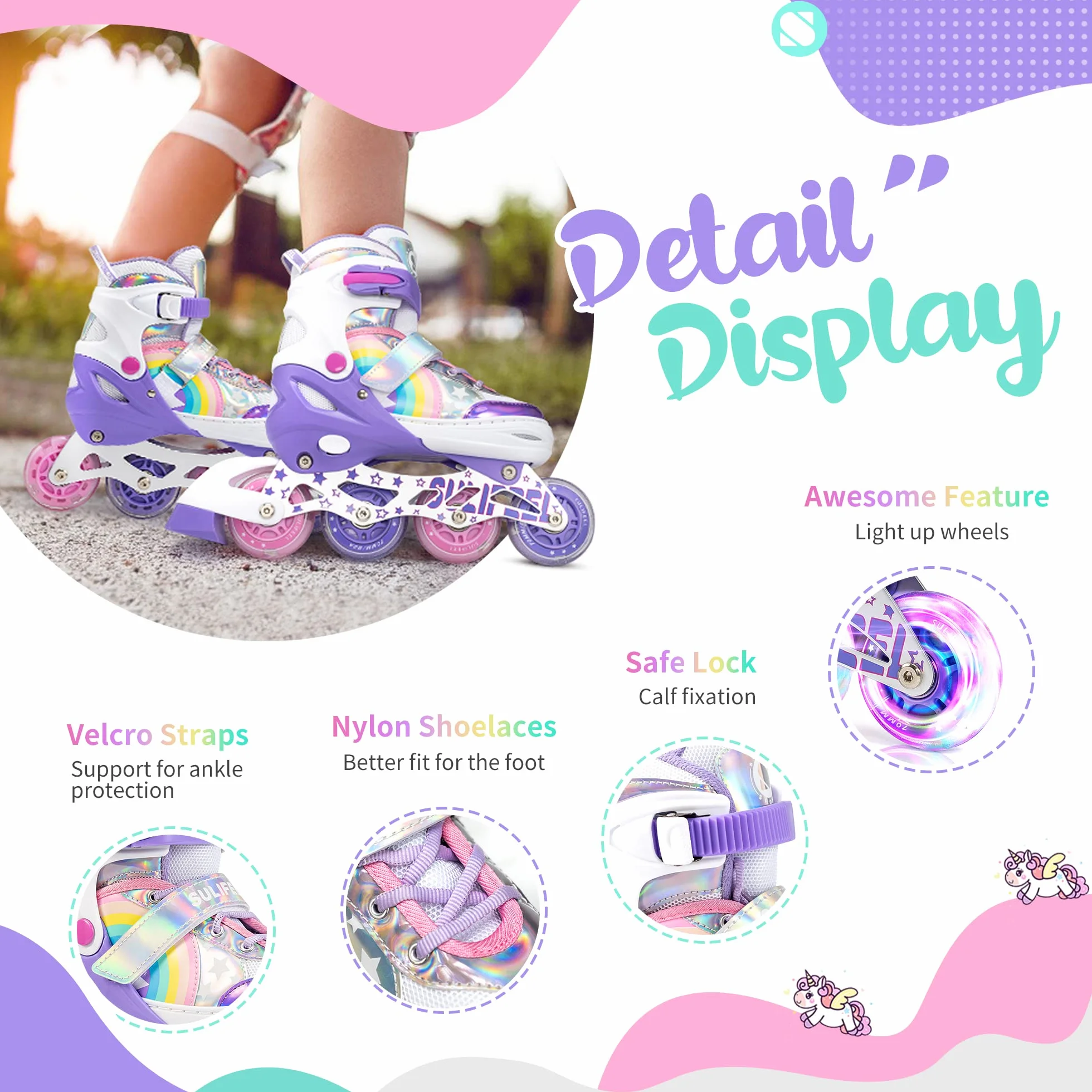 SULIFEEL Pattini in linea luminosi regolabili con unicorno arcobaleno per bambini, ragazze e ragazzi, pattini per principianti con ruote illuminate
