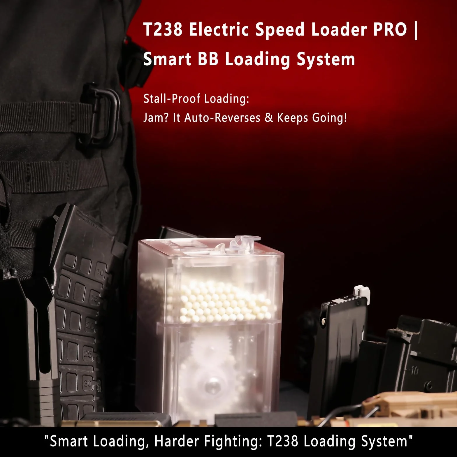Softair Speedloader PRO: caricatore automatico caricatore, 21 BBS/s, OLED, capacità 1800rd, 4 adattatori, protezione antibloccaggio, inclusa batteria da 11,1 V 1100 mAh