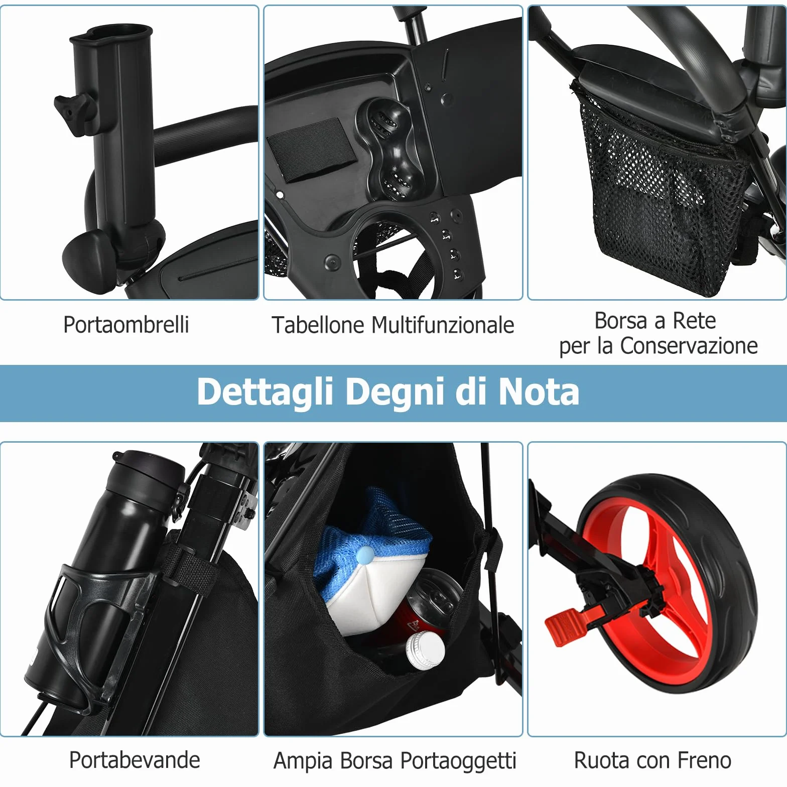 COSTWAY Carrello da Golf Pieghevole 3 Ruote, Trolley Altezza Regolabile Alluminio con Sedile, Porta Ombrello e Porta Bevande