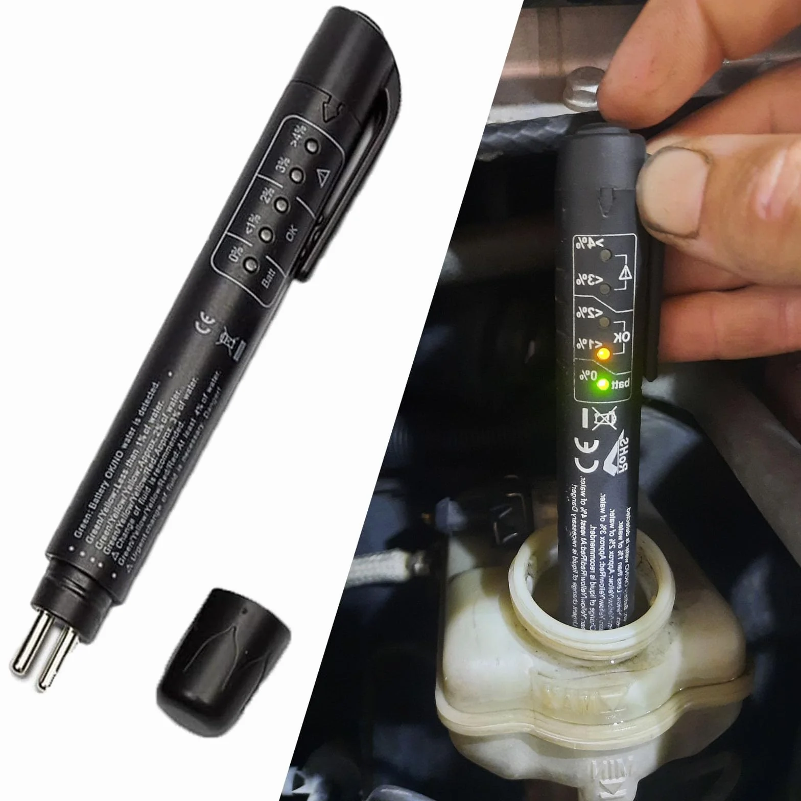 KARELLS Tester Liquido Freni, Tester Olio Freni, Tester Fluido Freni, Penna Tester Liquido Freni, Universale Tester Liquido Freni, con 5 LED Indicatore,Strumento Test per Auto per DOT3,DOT4,DOT5