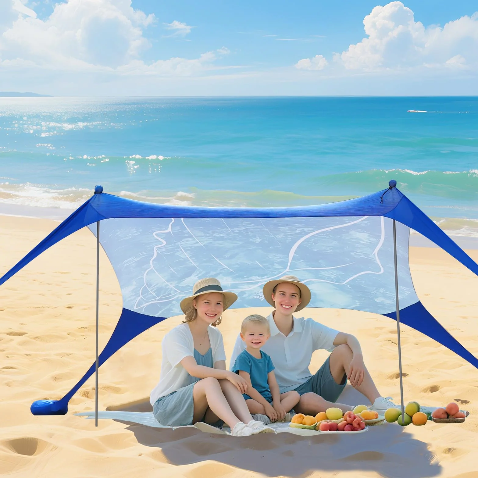 Tenda da spiaggia Pop Up 160 x 200 cm stampa 3D piccola protezione solare UPF50, per esterni, cortile, spiaggia, campeggio, con aste di stabilitàConchiglia blu