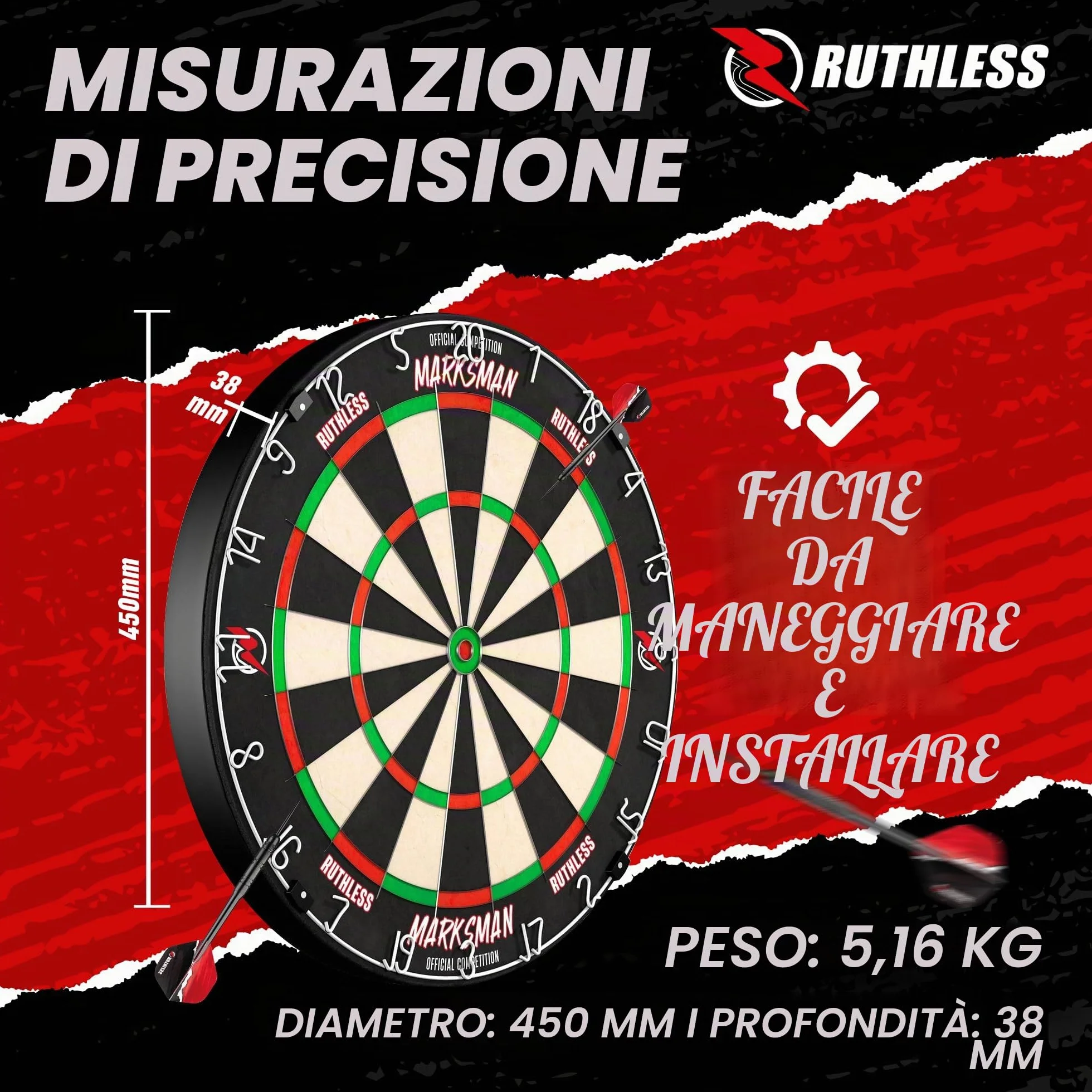 Ruthless Marksman Dart Board Bersaglio professionale ultra sottile in filo di sisal per freccette con punta in acciaio DB072