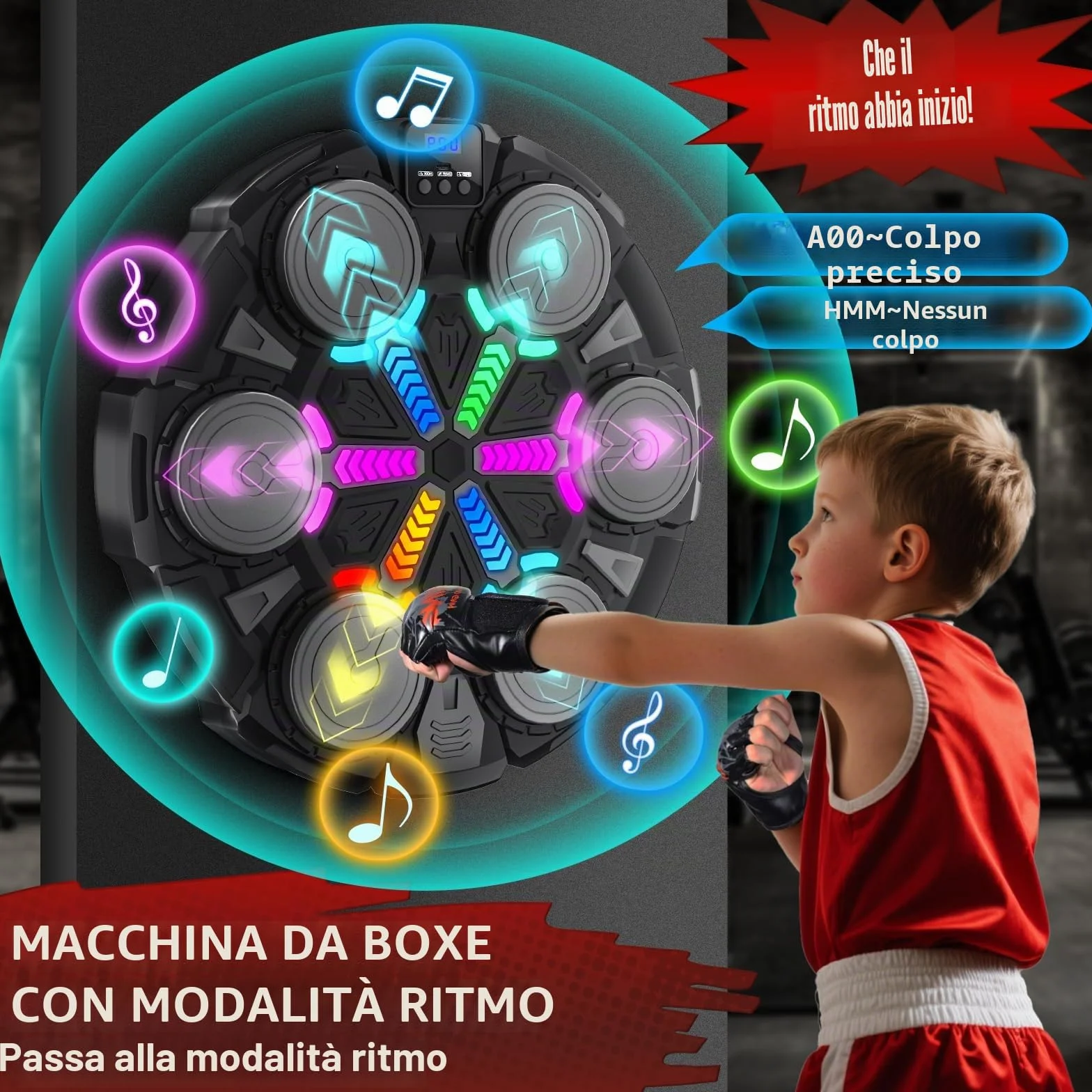 Music Boxing Machine, Macchina da Boxe Musicale da Parete con Guantoni, Luci e Ritmo, 3 modalità e 6 velocità Regolabili, Set da Boxe per Bambini e Adulti