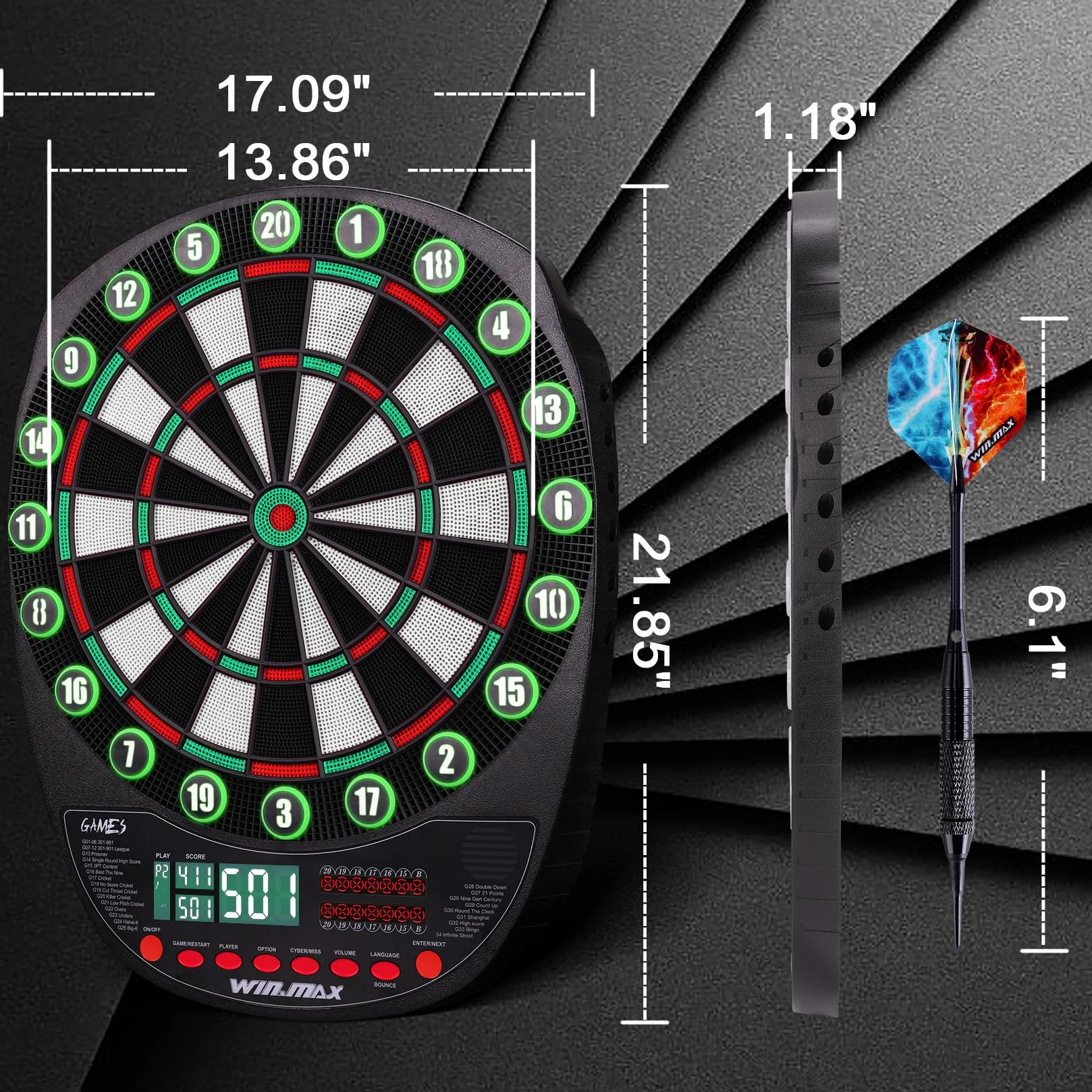 Bersaglio elettronico professionale 34 giochi 354 varianti 3 lingue tedesco inglese francese 1-8 giocatori 12 freccette