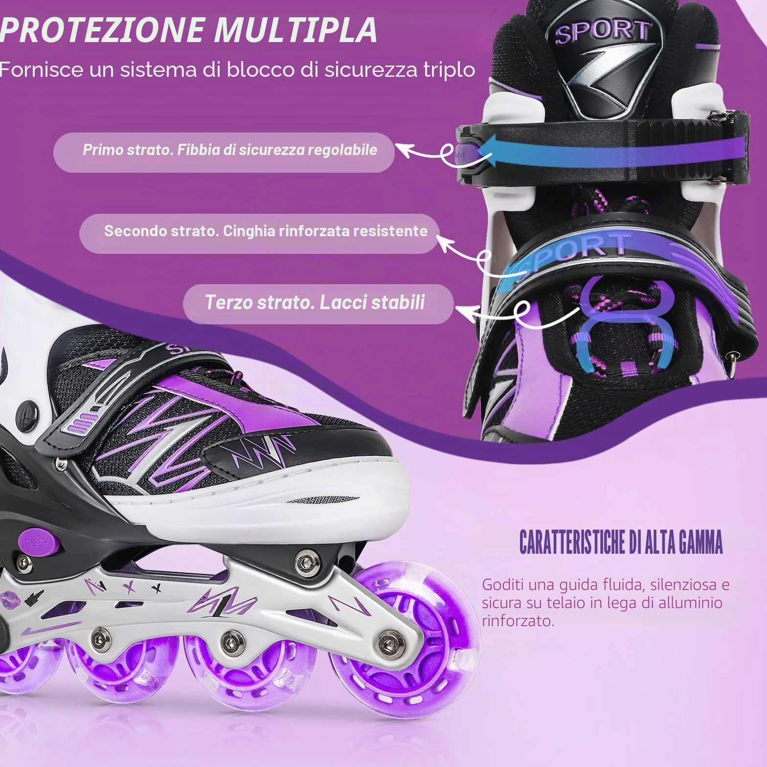 Pattini in linea regolabili per bambini ragazze ragazzi principianti, Pattini a rotelle rosso e viola per bambino e adolescente per lo sport