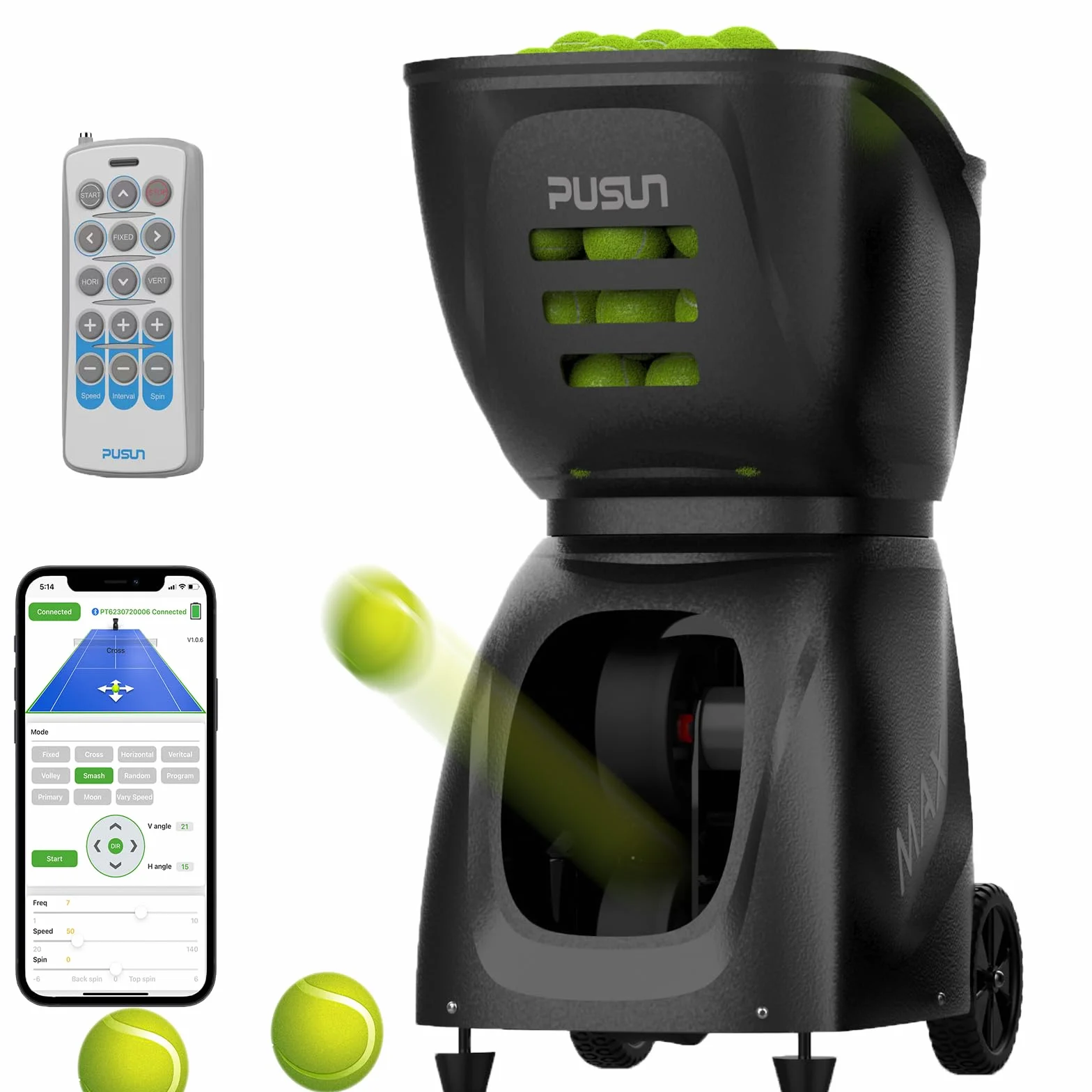 PUSUN PT-Max C Lanciatore di palline da tennis, capacità 145+ palline, doppia app e telecomando, 28 modalità di allenamento, nero