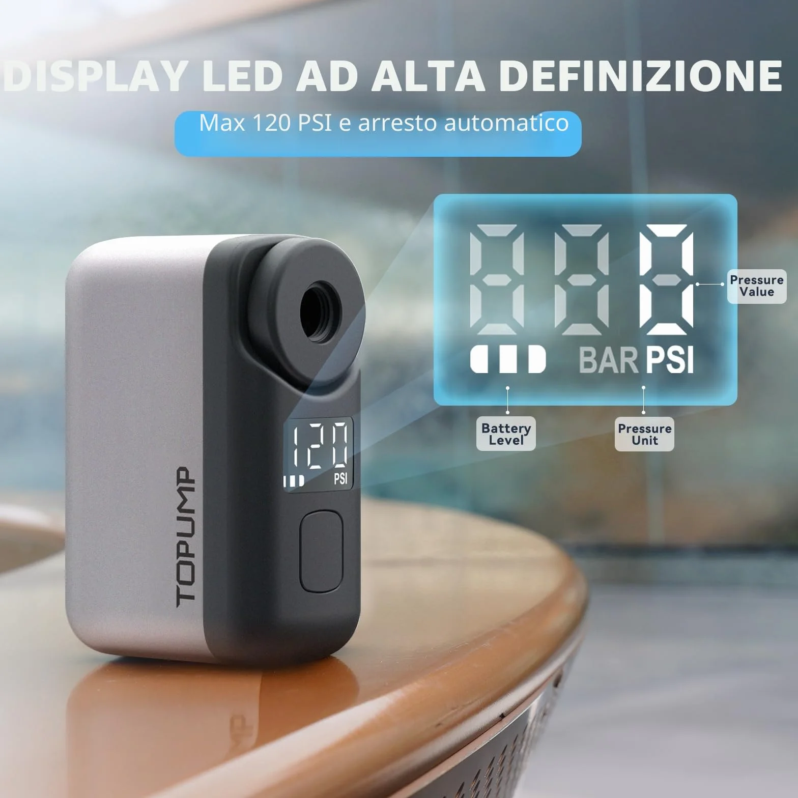 TOPUMP Mini Pompa Elettrica per Bicicletta 120 PSI con Manometro, Valvola Presta e Schrader, Auto Stop