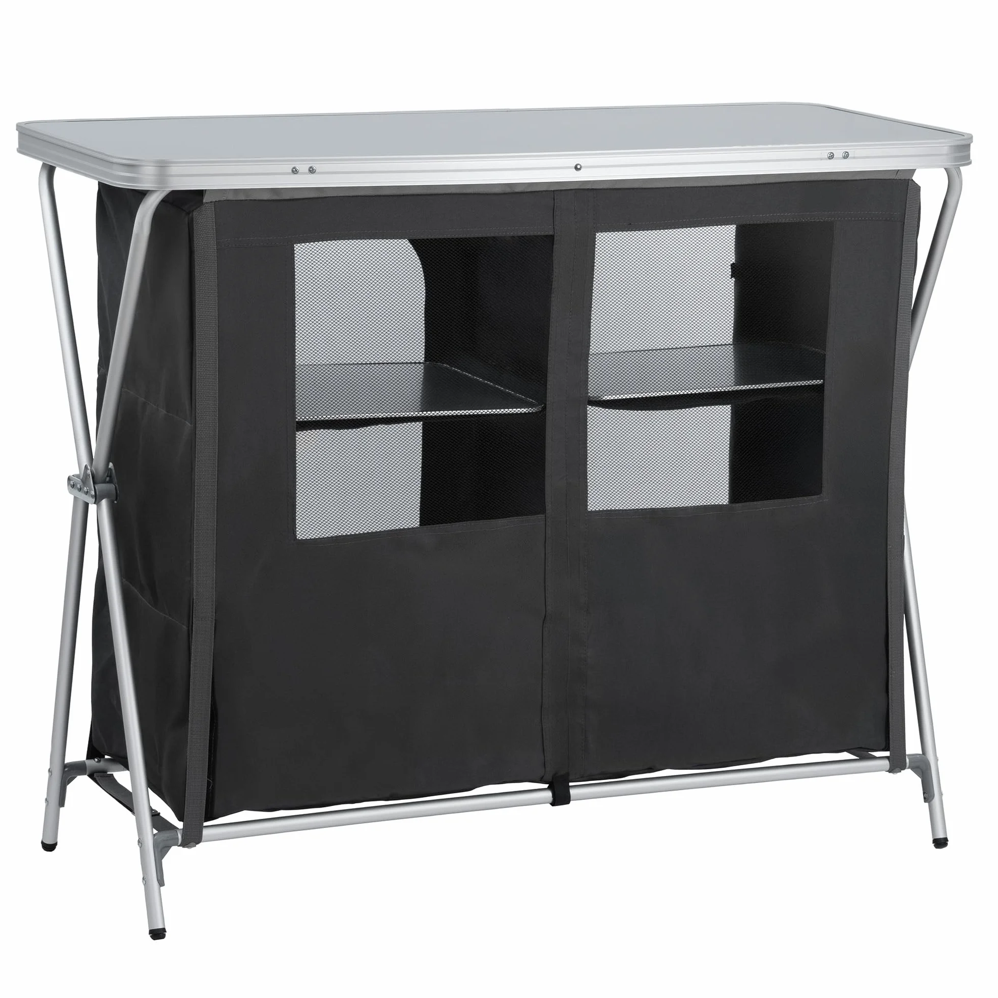 CampFeuer Armadio da campeggio pieghevole 110x47x90 cm Cucina da campeggio 2 aperture cerniera Scaffale da campeggio alluminio