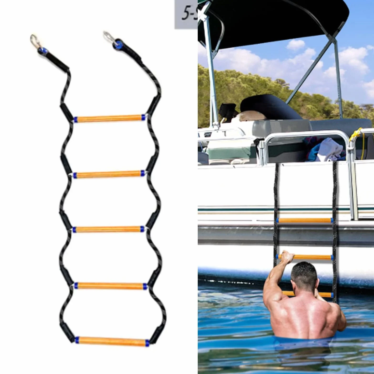 Scala da barca marina a 5 gradini - Aiuto per l'arrampicata pieghevole con corda rimovibile per la caccia, canoa, kayak