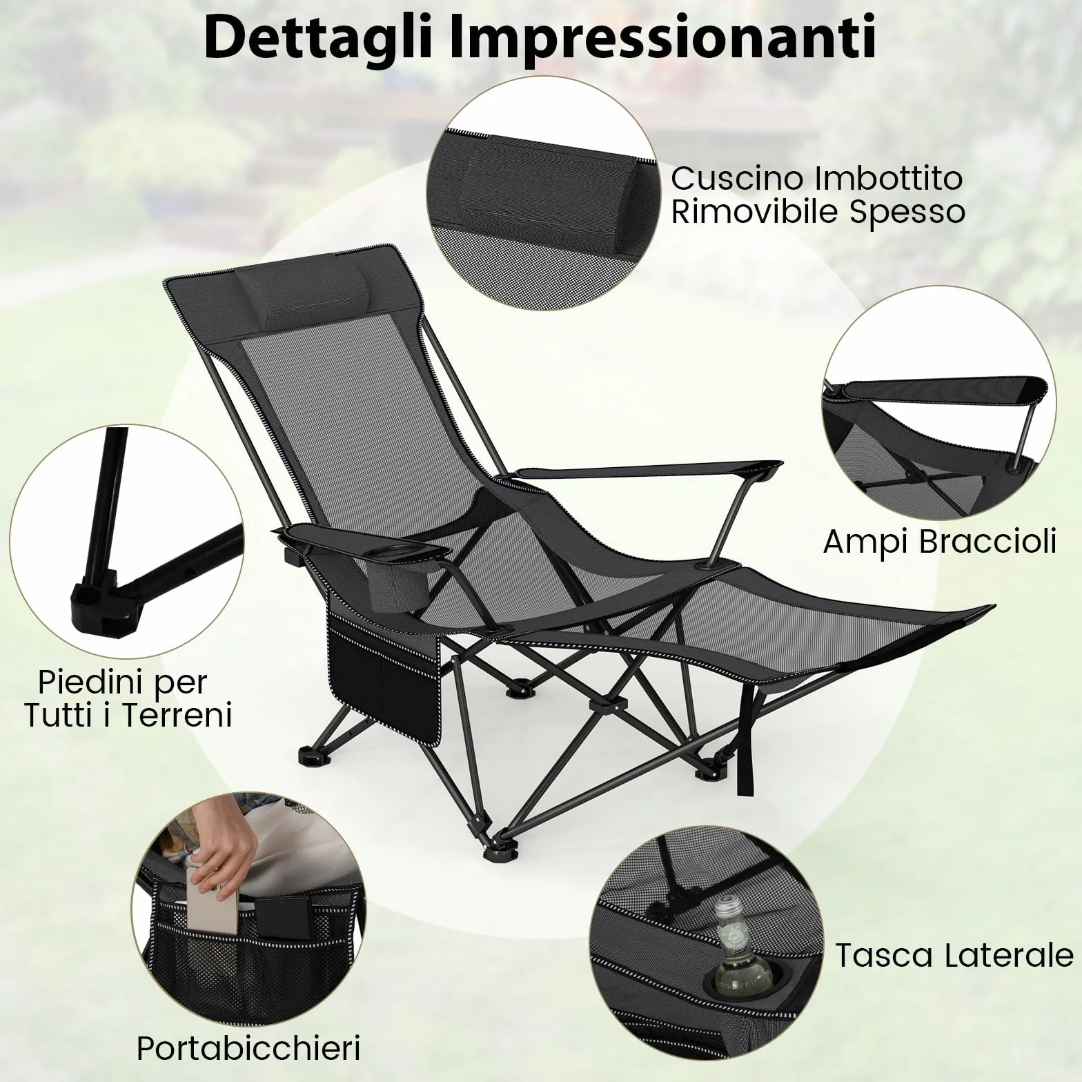 COSTWAY Sedia da Campeggio Pieghevole con Poggiapiedi Rimovibile, Schienale Reclinabile, Portata 150 kg, Tela Oxford Grigio