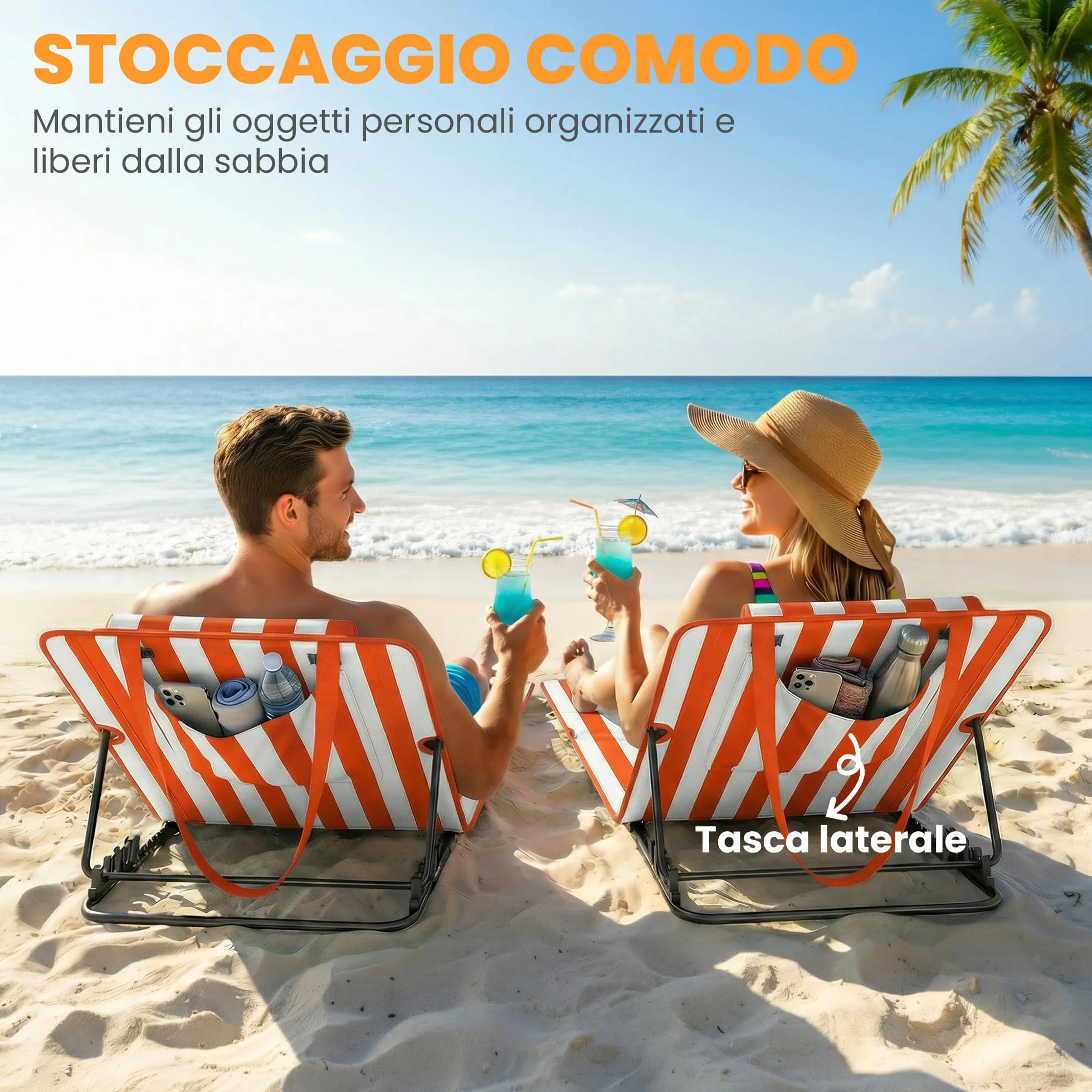 Outsunny Lettini da Spiaggia Pieghevoli Set 2, Schienale Regolabile 4 Livelli, Poggiatesta, Tasca Laterale, Arancione Bianco