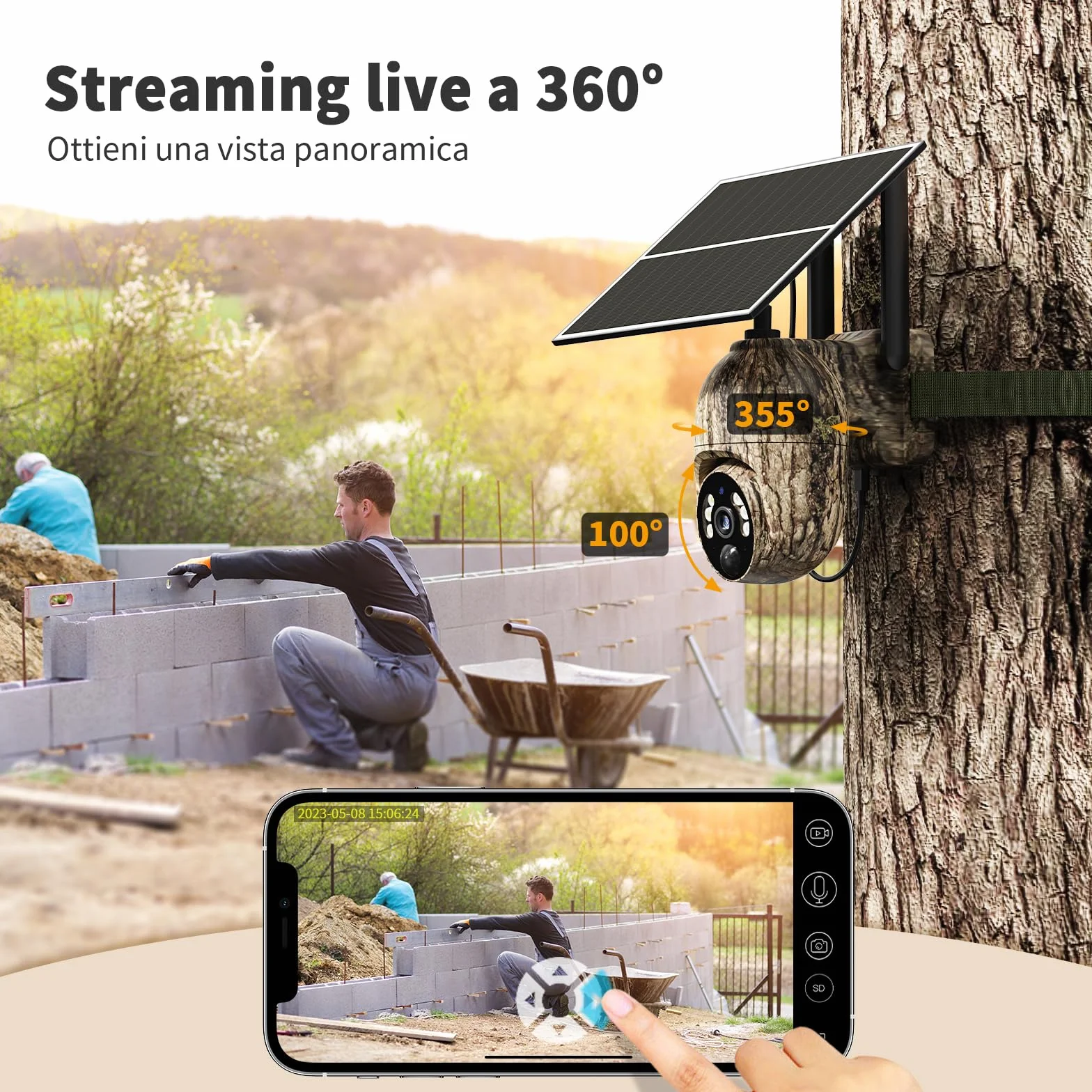 Fotocamera da Caccia 4G 2K Telecamera Esterna Pannello Solare 360° PTZ Fototrappola Infrarossi Invisibili Visione Notturna Colori Audio 2 Vie Rilevamento Animali IP66