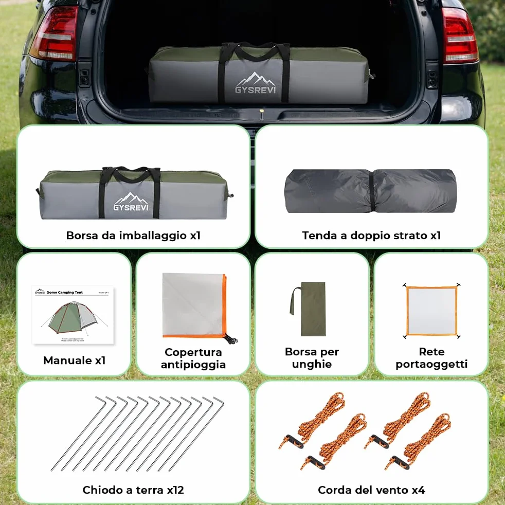 Tenda Campeggio 2-4 Persone Automatica Doppia Porta Anti UV Impermeabile 2 in 1 Interna Esterna