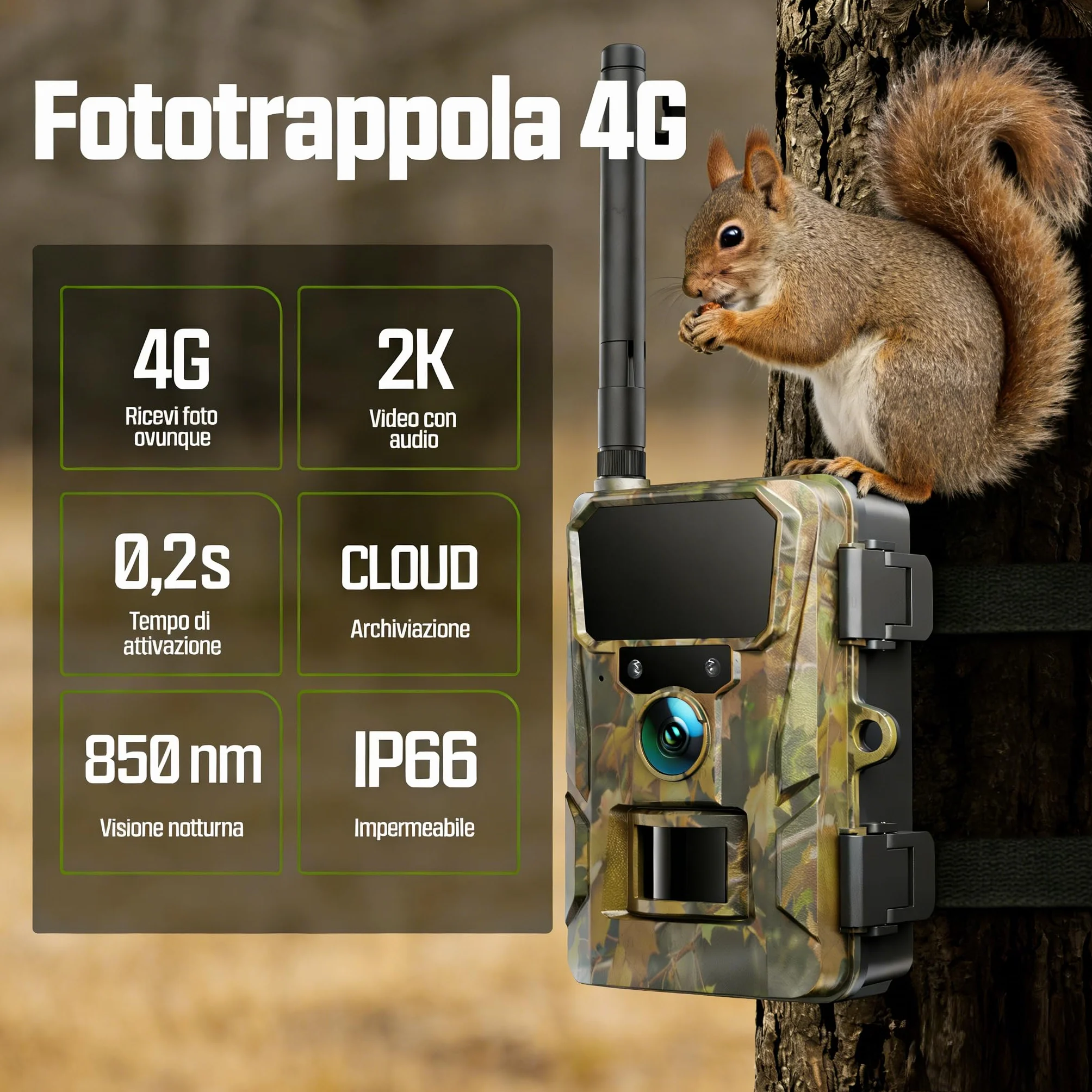 CEYOMUR 4G LTE Fototrappola 2K 48MP con SIM, Sensore di Movimento, Scatto 0,2s, IP66
