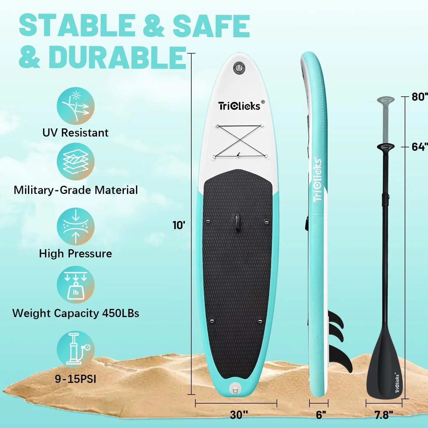 Triclicks SUP Tavola da surf gonfiabile con paletta regolabile, pompa a mano con manometro, leash, finner, zaino, 300 x 76 x 15 cm