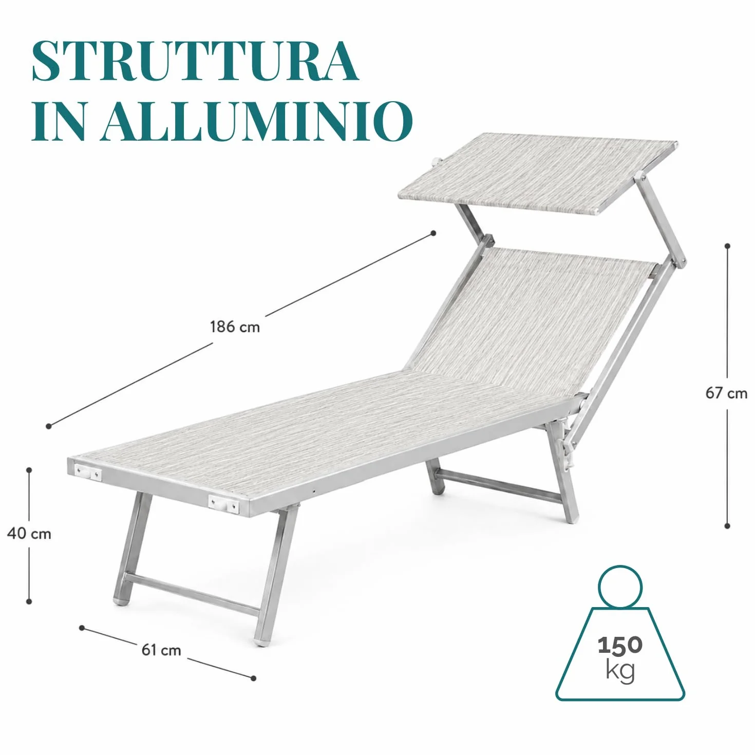 PALUPLUS Lettino Prendisole Professionale in Alluminio, Misura 186x61x40 cm, Tessuto Textilene, con Tetto Parasole e Schienale Regolabile, per Spiaggia, Lido, Piscina, Portata 150Kg -8441F (Grigio)