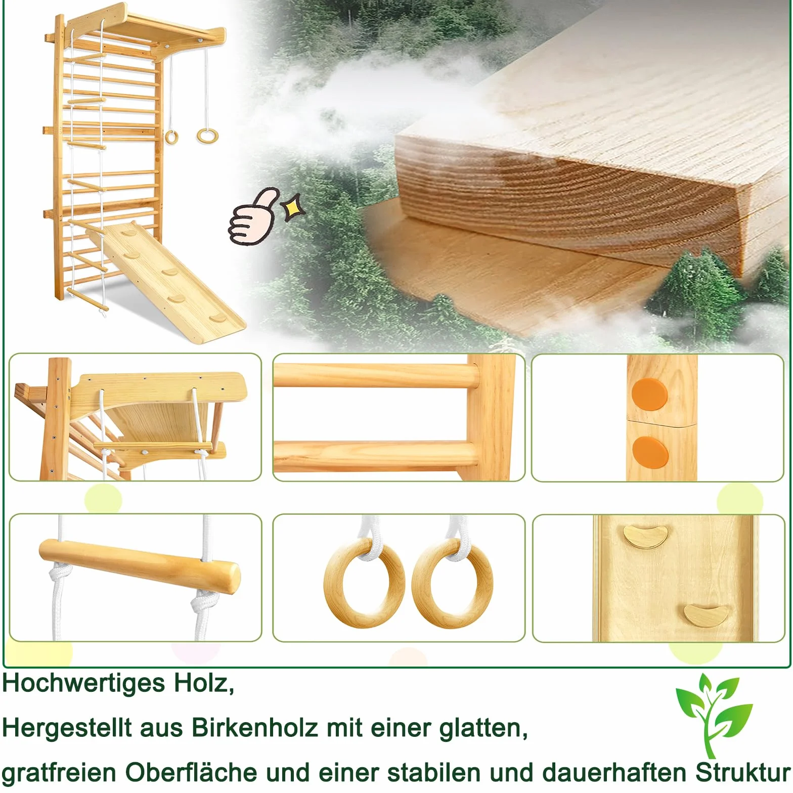 Aufun Parete per Arrampicata in legno con barre 215 x 82 x 6cm