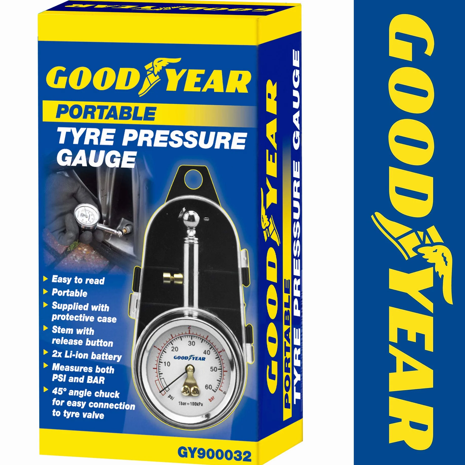 Goodyear - Manometro professionale per pneumatici, resistente, con grande quadrante, misurazione dell'aria in PSI/BAR, con pulsante di rilascio, per auto, moto, bici, furgoni
