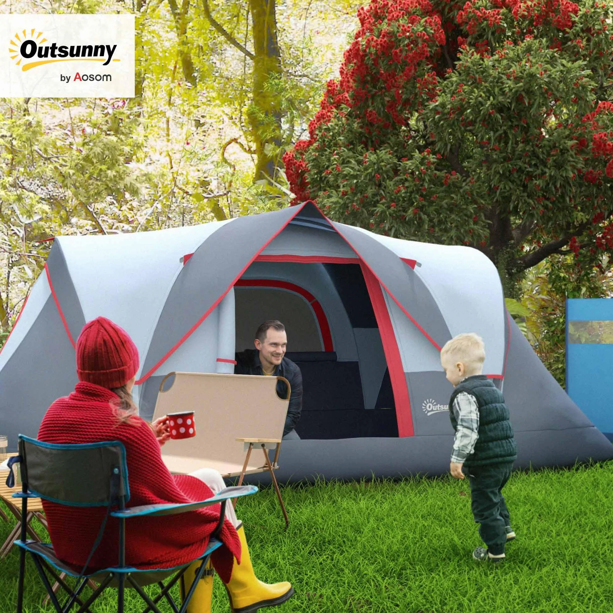 Outsunny Tenda da Campeggio 4-6 Posti Idrorepellente 3000mm Protezione UV, Tenda Famigliare Finestre Pali Fibra di Vetro 4.55x2.3x1.8 m