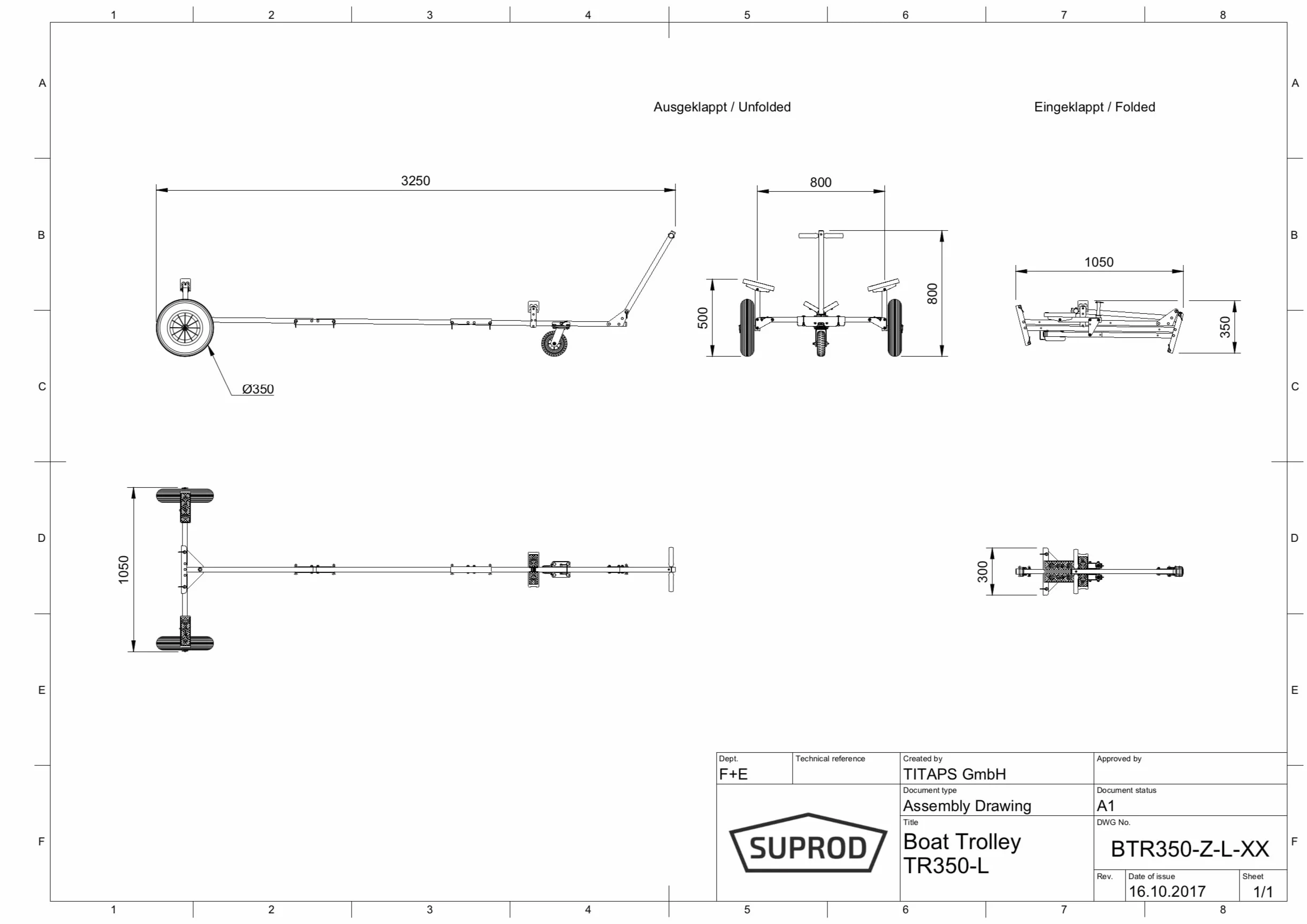 SUPROD Carrello da Barca Pieghevole TR350, PU, Ø 350 mm