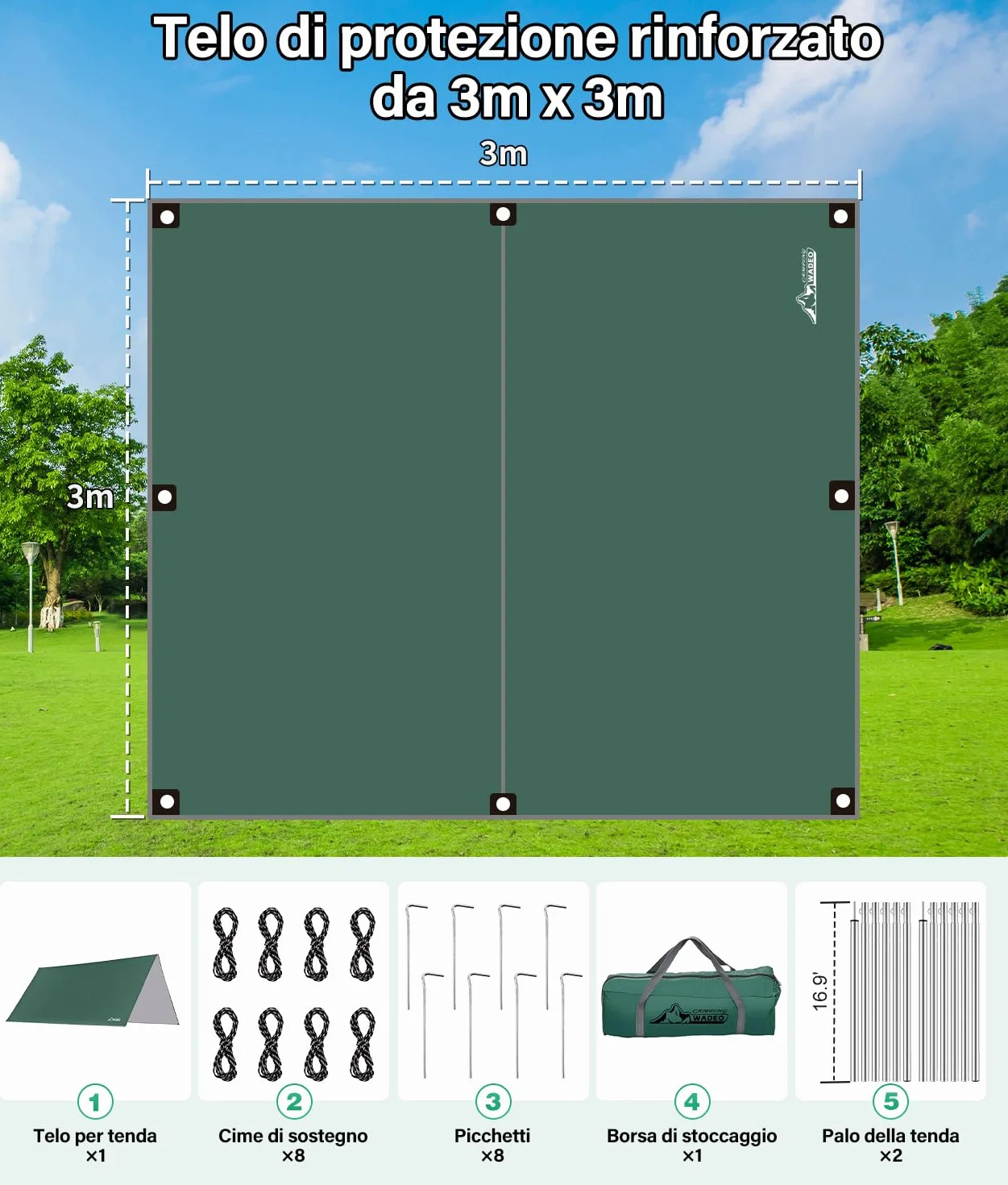 WADEO Kit Telo Copertura con Pali, [3x3M] Impermeabile e Resistente, Protezione UV, Telo da Sole e Pioggia per Shelter, Ideale per Campeggio, Picnic, Spiaggia, Festival, Giardino