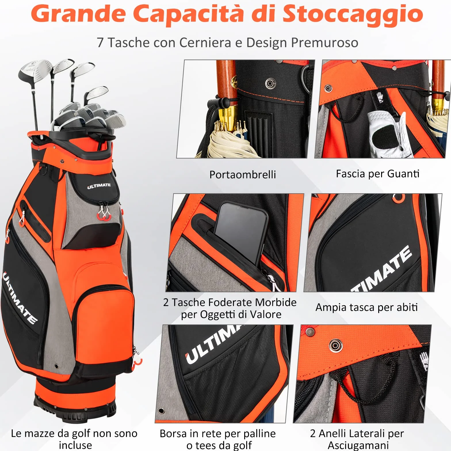 COSTWAY Borsa da Golf Portatile 14 Divisori 7 Tasche Cappuccio Antipioggia Tracolla Manico Portaombrelli Rosso Grigio