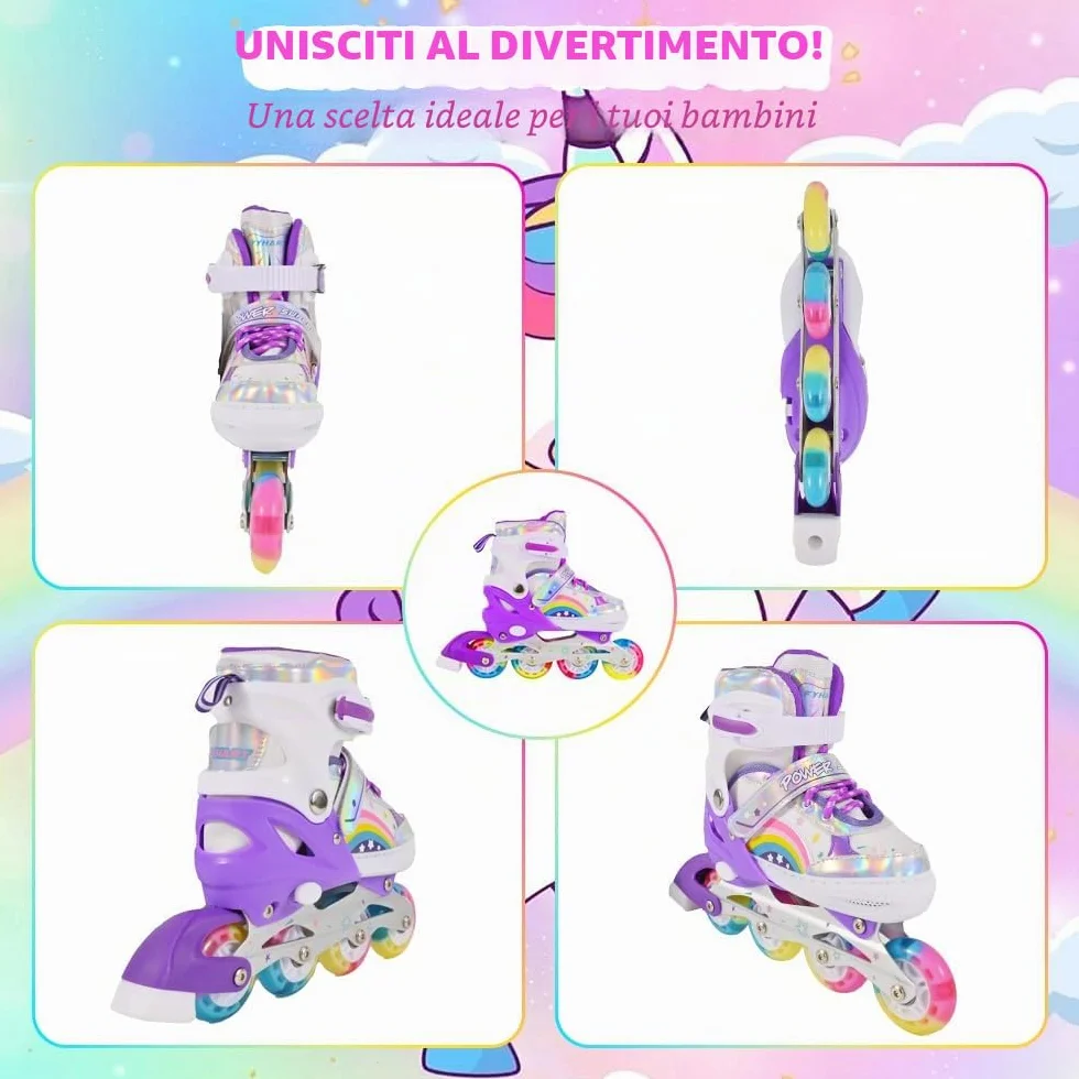 Pattini in linea regolabili per bambini ragazze ragazzi principianti, Pattini a rotelle per bambino e adolescente per lo sport Viola Arcobaleno
