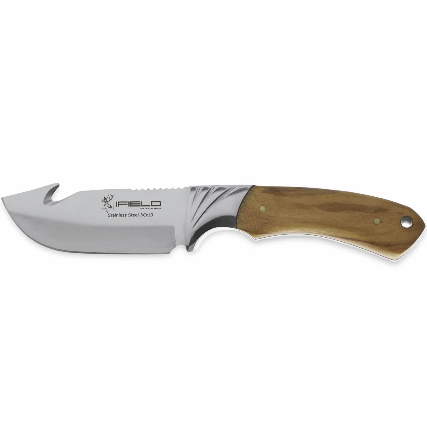 iFIELD EL29010 Coltello multifunzionale per escursioni, caccia e sopravvivenza all'aperto, acciaio inossidabile 3Cr13 con manico in oliva, fodero multiposizione