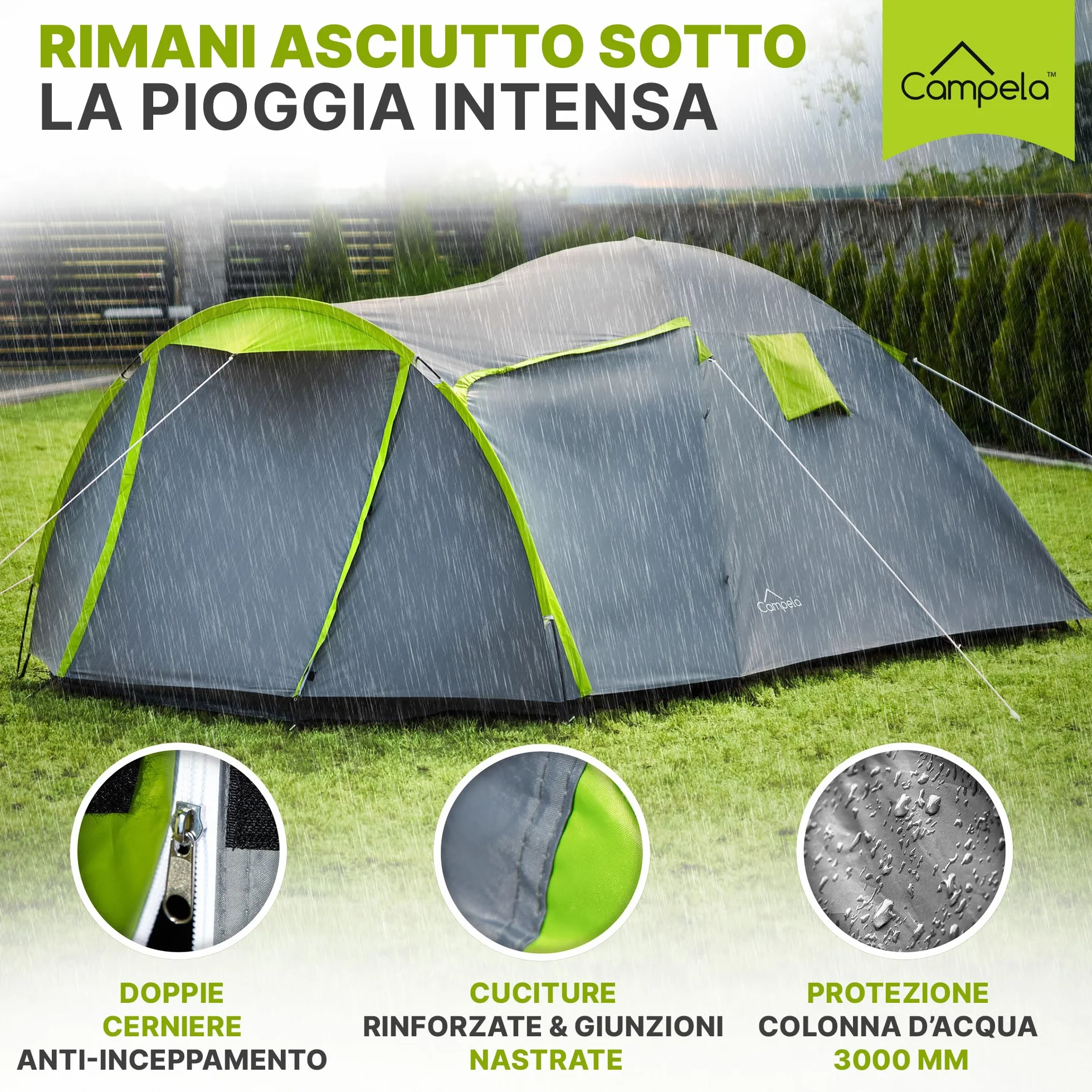 Tenda da Campeggio 4 Posti Impermeabile 3000 mm Doppio Tetto Vestibolo Ampio 2 Ingressi Zanzariera Poliestere 190T Telaio Fibra di Vetro 4,1 kg