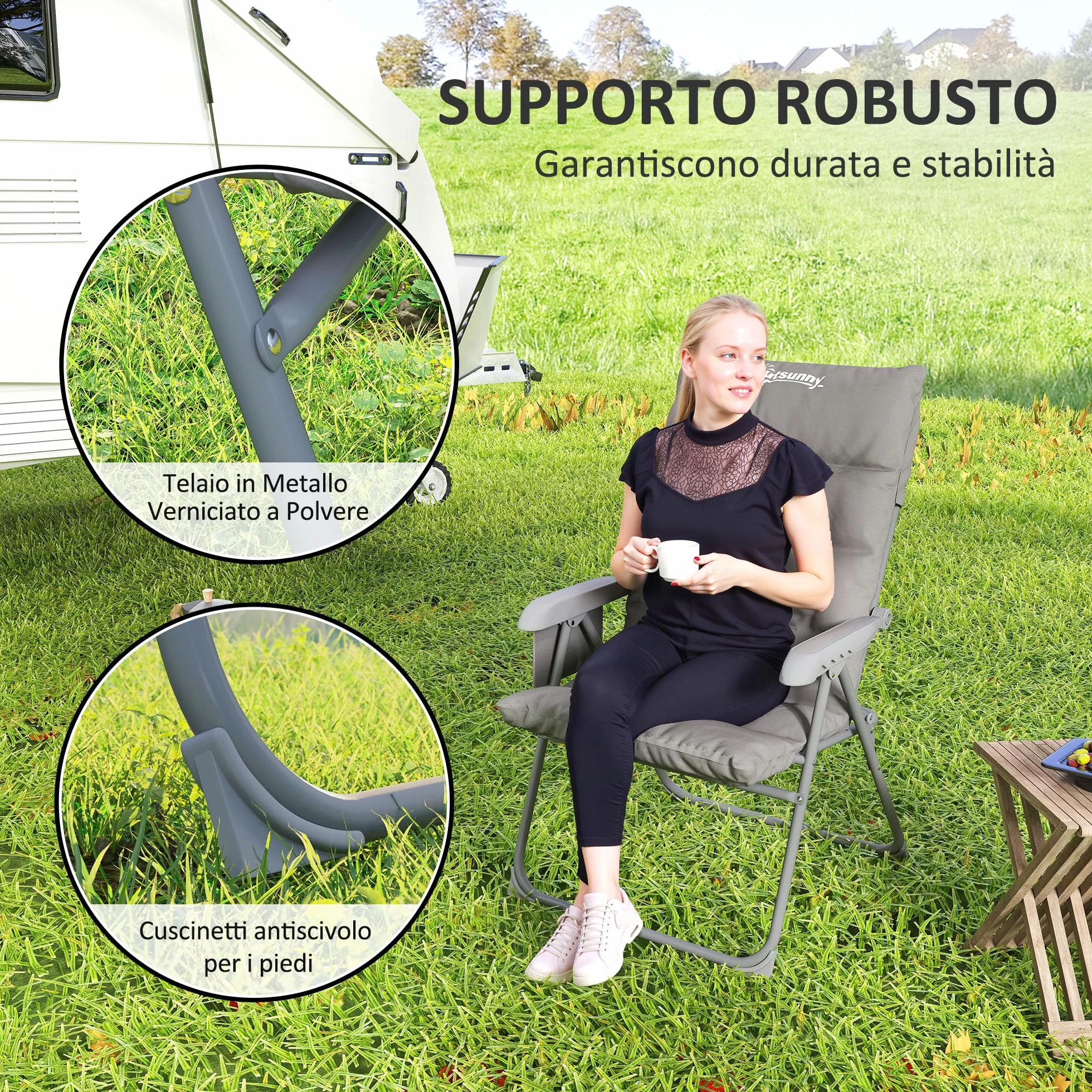 Outsunny Sedia da Campeggio Pieghevole con Schienale Alto Regolabile su 5 Livelli e Tasche Laterali, Sedia da Giardino in Tessuto Oxford e Metallo, Portata Fino a 120 kg, 66x58x105 cm, Grigio Chiaro