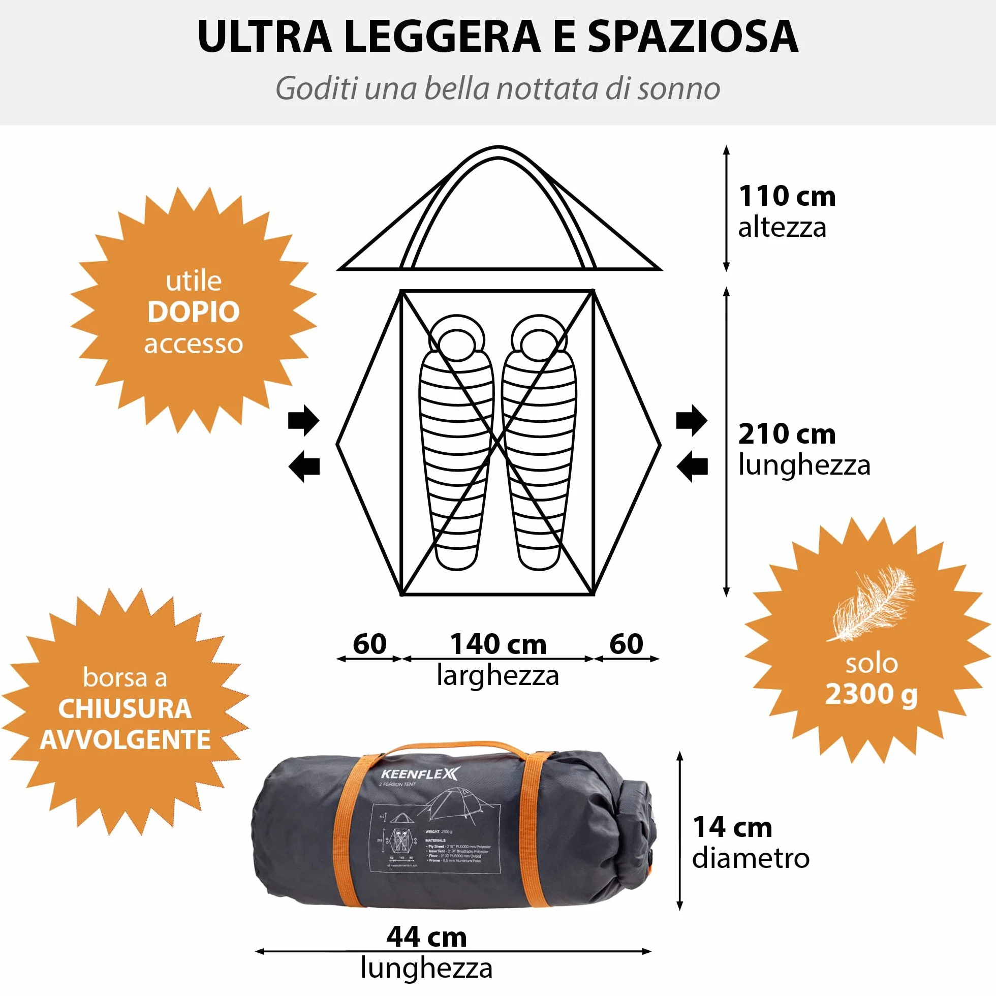 Tenda da campeggio ultraleggera 2 persone 2300 g