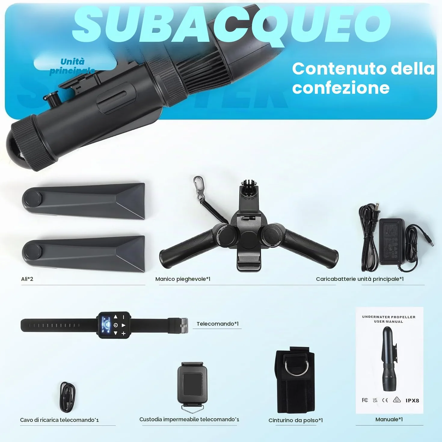 Camolech Pinna elettrica 900 W SUP scooter subacqueo 2,8 m/s telecomando 130 minuti autonomia motore kayak