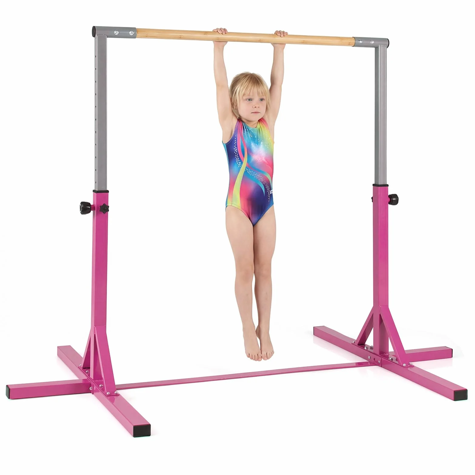 COSTWAY Sbarra per Ginnastica e Danza per Bambini, Barra in Metallo e Bambù Regolabile in Altezza 85-145 cm, Portatile con Cuscinetti Antiscivolo