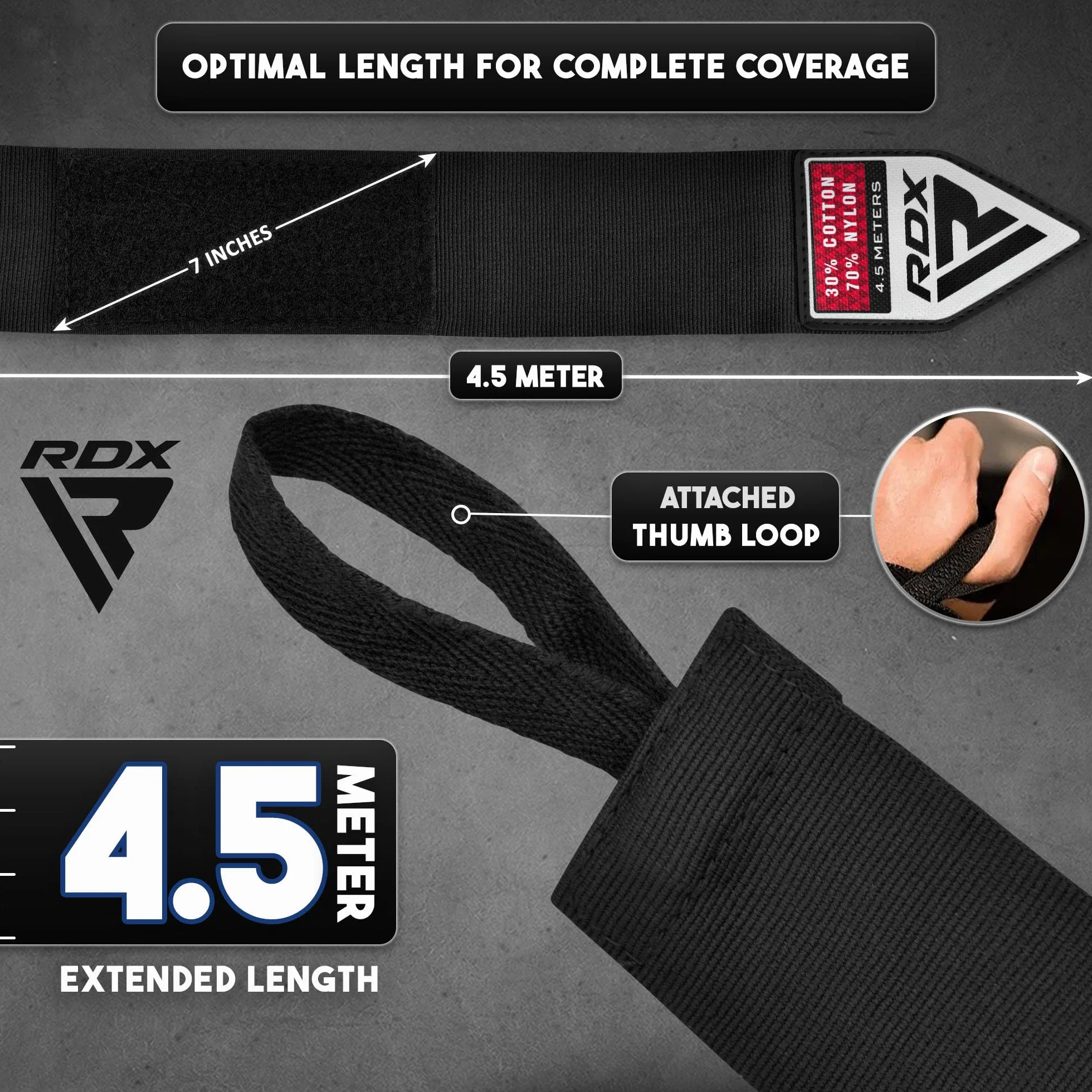 RDX Fasce Boxe Guanti Interni 4,5 Metri Elastiche Bendaggi Polso Mani Protezione Sottoguanti Pugilato Bende per Arti Marziali Muay Thai MMA