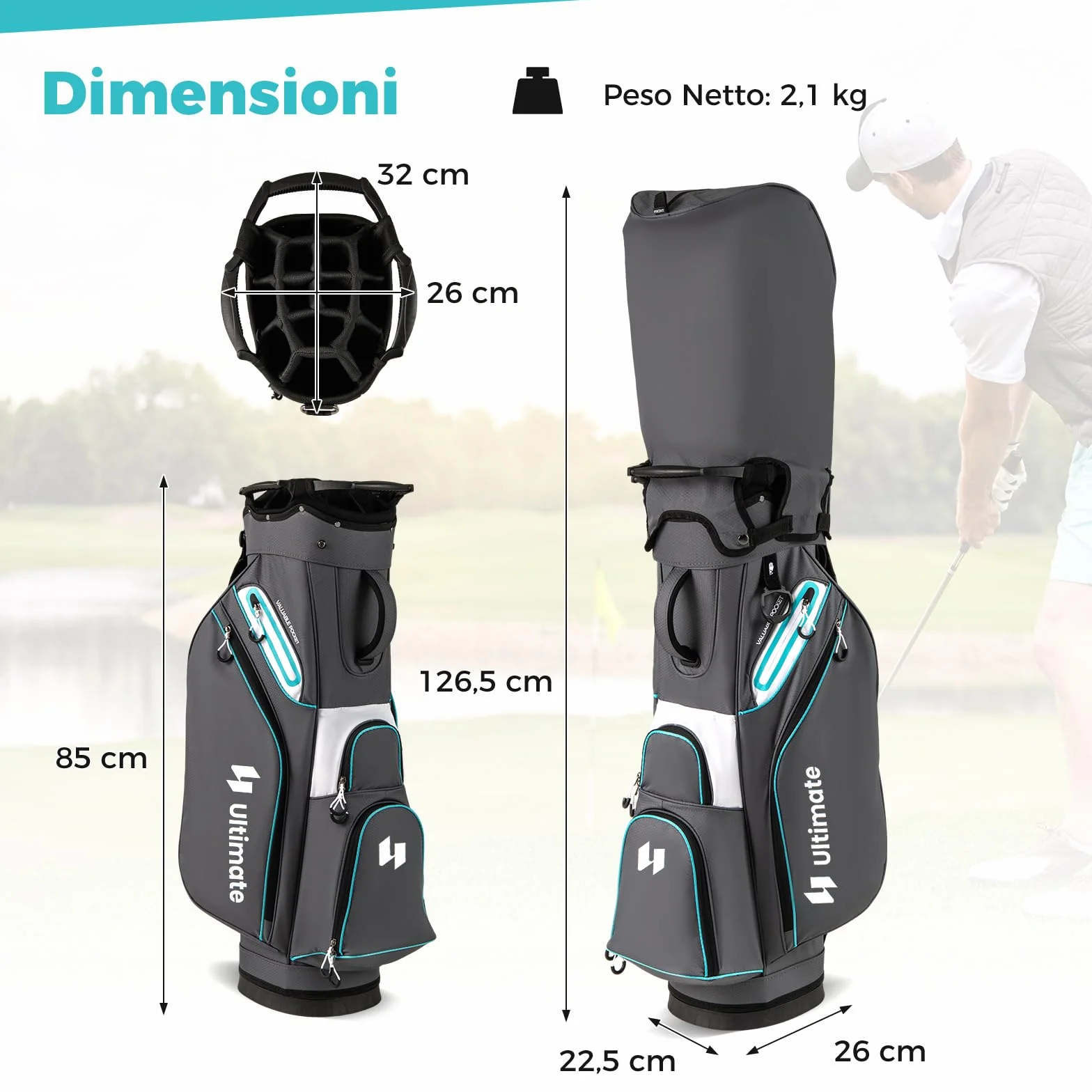 COSTWAY Borsa da Golf 14 Scomparti, Organizzatore Portatile con Tasca Frigo, Tracolla Regolabile, Cappuccio Antipioggia