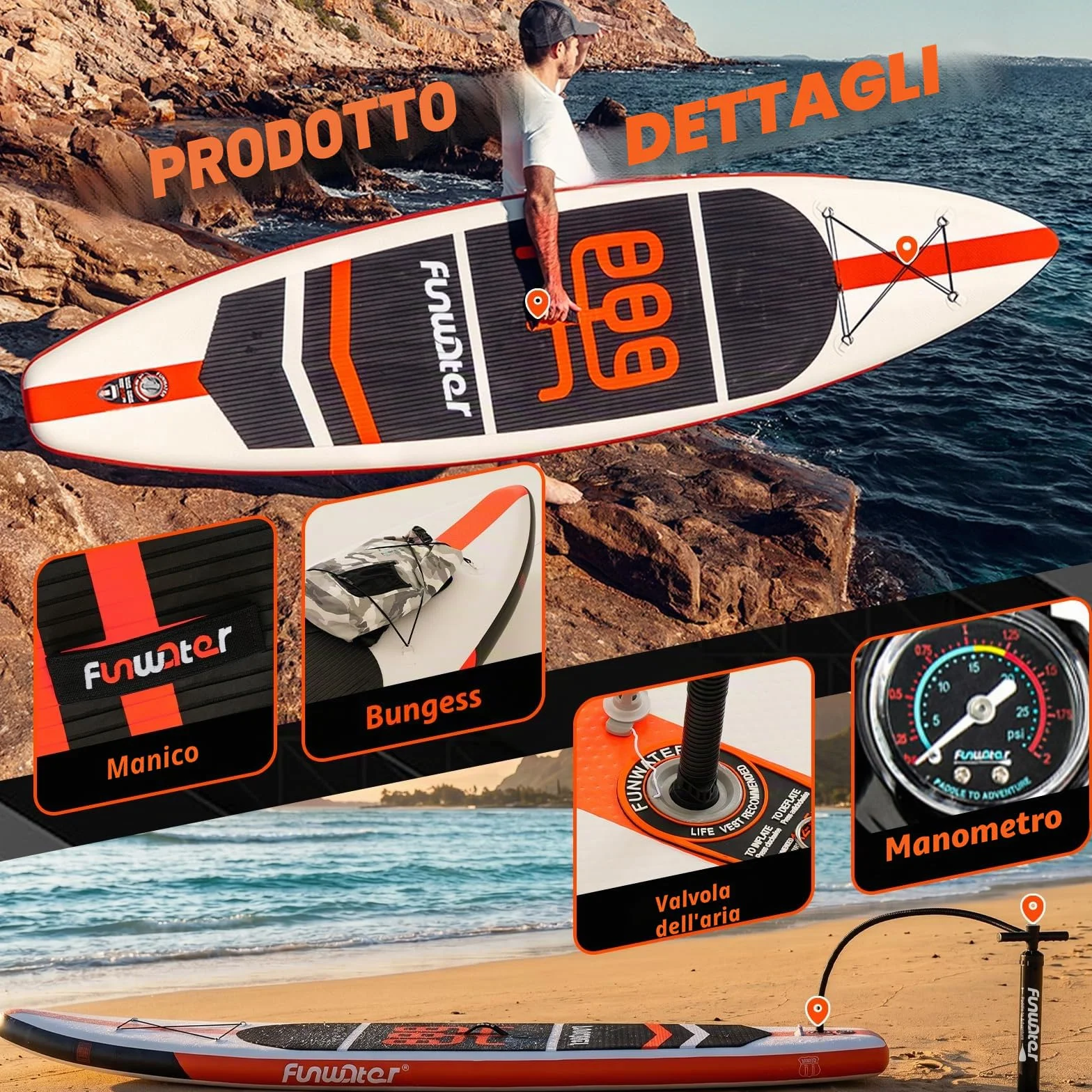 FunWater SUP Gonfiabile Portatile: Tavola Gonfiabile, Pinne, Pompa, Pagaia, Zaino, Guinzaglio di Sicurezza per Adulti e Ragazzi