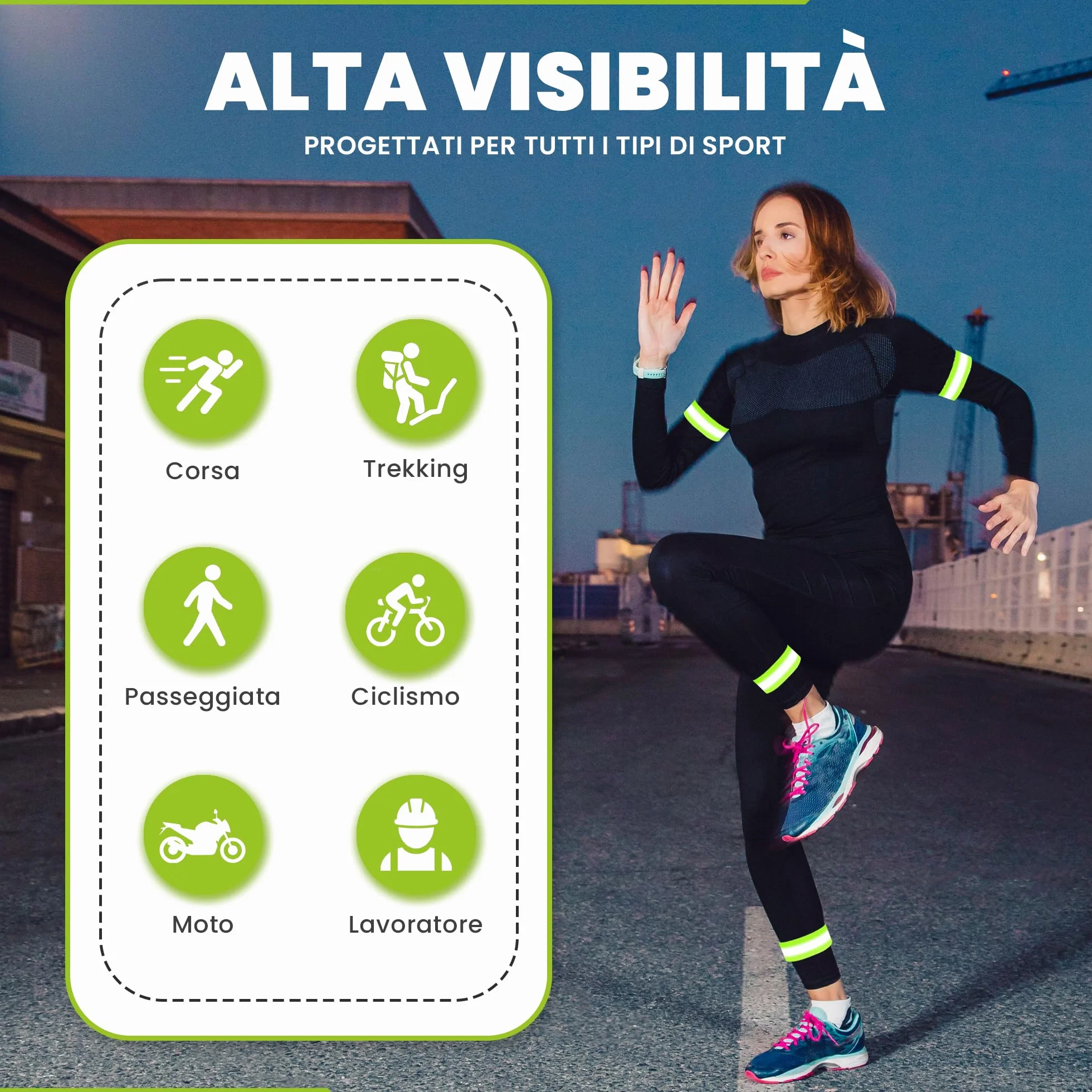 Bracciali Riflettenti a Doppia Striscia 5 cm Chiusura Regolabile 8 cm Visibilità 360° per Braccia Gambe Caviglie