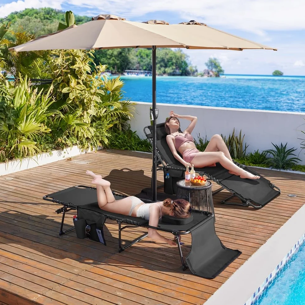Yaheetech Lettino da Spiaggia Pieghevole Materasso Spesso 5 Regolazioni Tasca Laterale Portata 136 kg 189 x 67 x 35 cm Nero