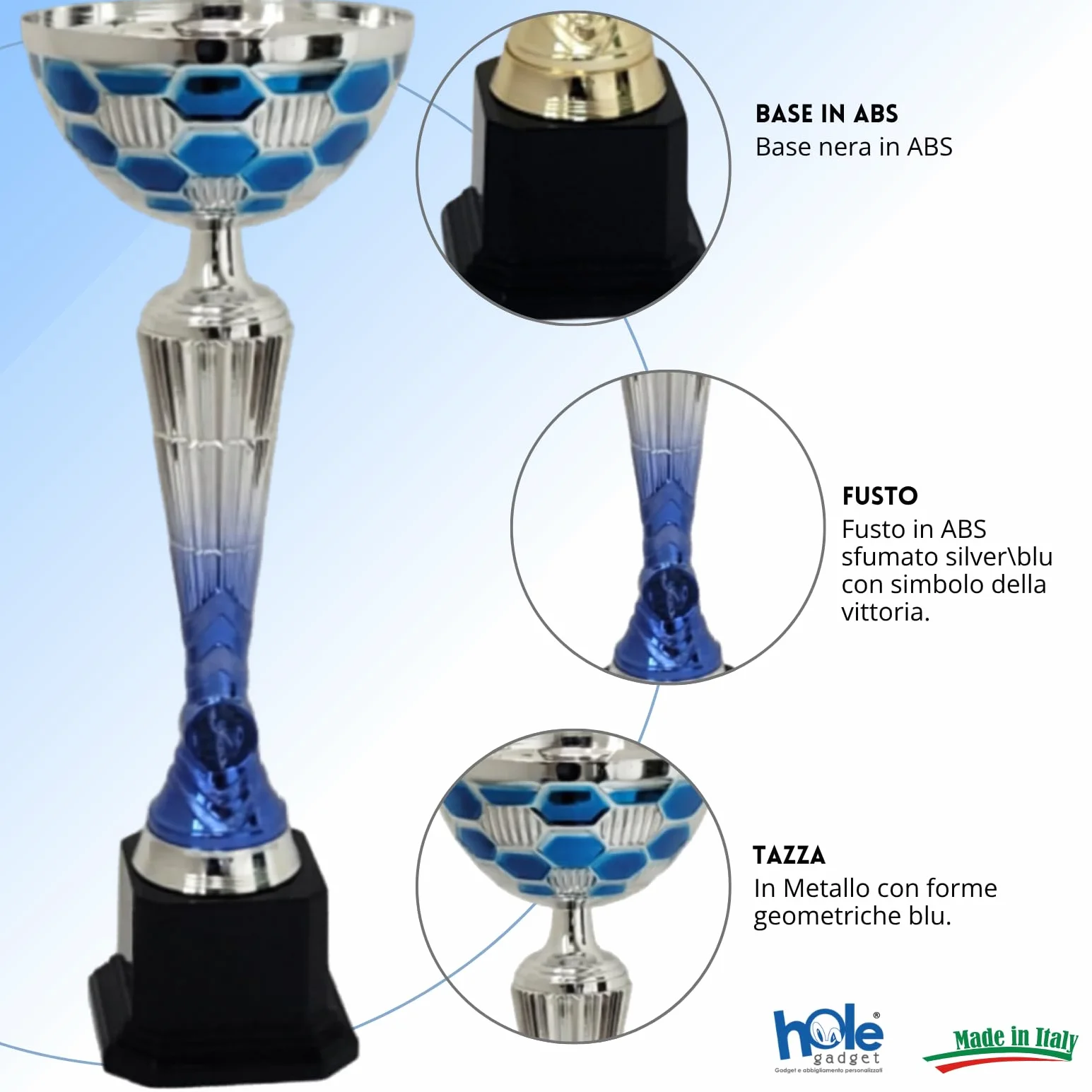 Personalizowana Coppa Trofeo Argento e Blu Metallo con Targhetta Stampata Varie Misure Calcio Fantacalcio Padel Basket