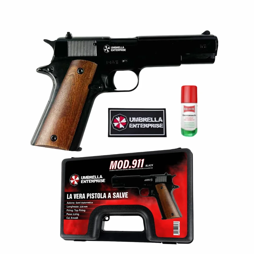 Pistola a Salve Mod. 1911 Top Firing 9 mm, Segnalatore Acustico Scacciacani, Nera e legno - Kit con Olio Ballistol