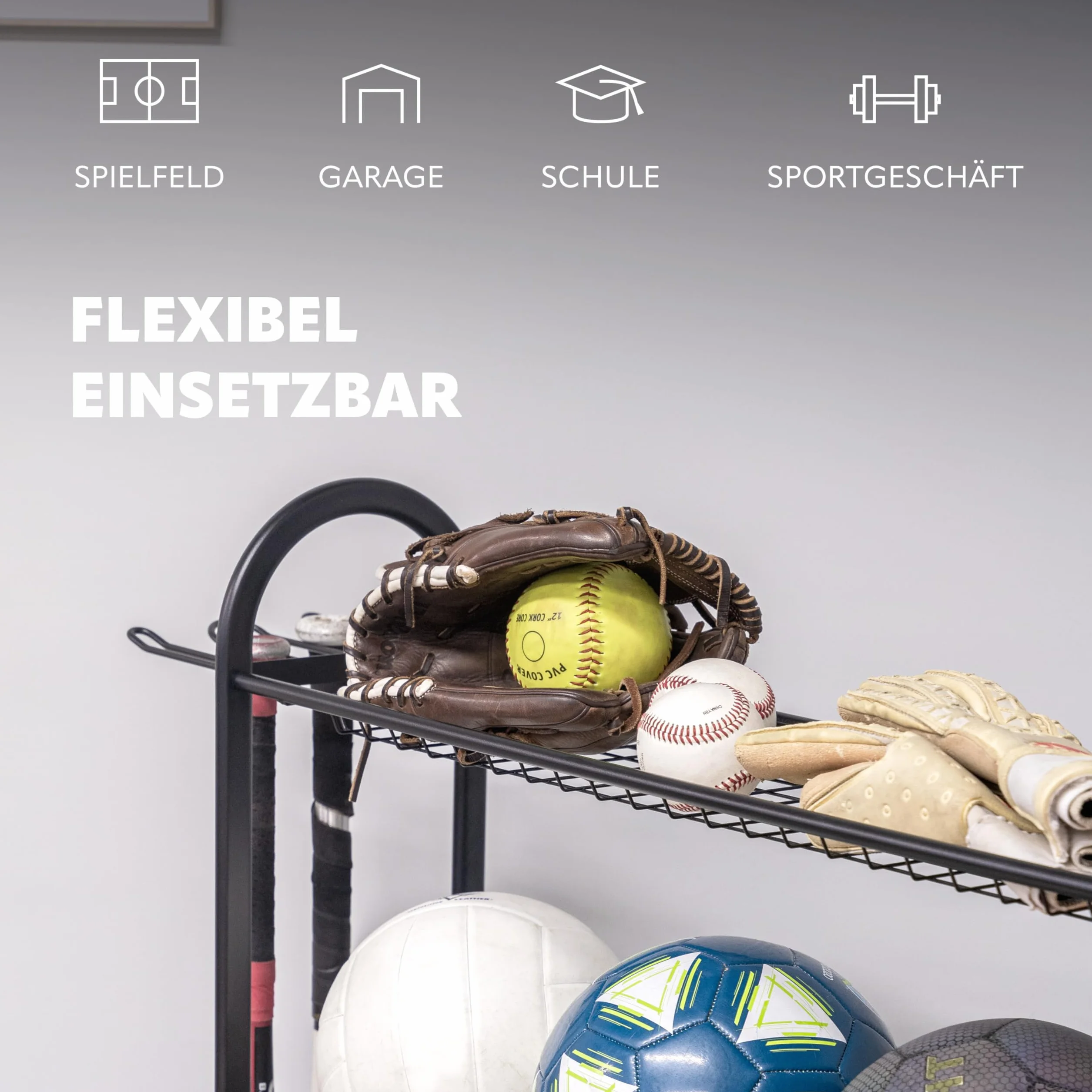 eluno Supporto per conservazione palle sportive in acciaio nero con ganci, per baseball e calcio