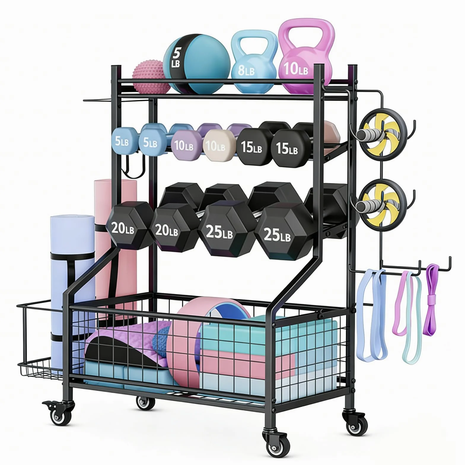 Rastrelliera per Manubri a 4 Ripiani, Multifunzionale e Larghezza Regolabile, Supporto per Kettlebell, Blocchi Yoga e Tappetini, Organizzatore per Palestra Domestica con Ruote Bloccabili e Ganci