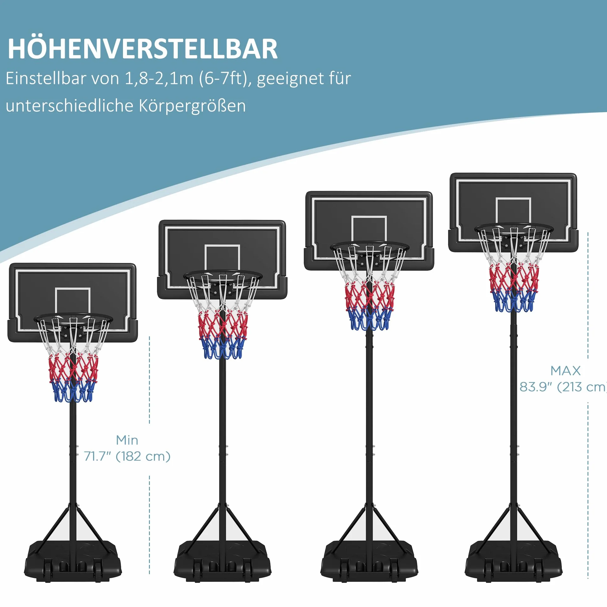 SPORTNOW Canestro da basket regolabile in altezza 182-213 cm con ruote tabellone infrangibile acciaio per adulti