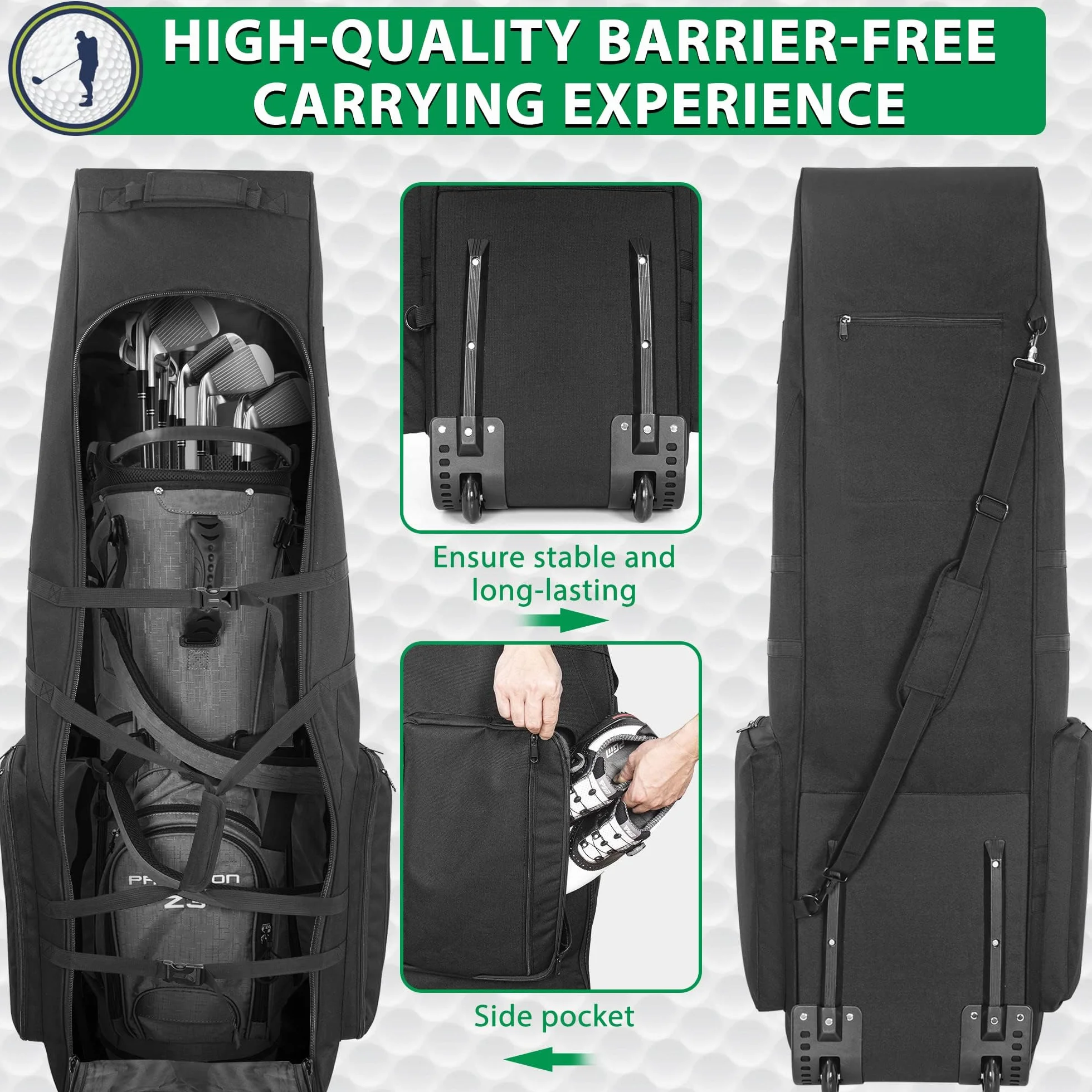 Borsa da viaggio da golf con ruote, grande capacità, trolley da golf con ruote rinforzate, 900D impermeabile Oxford panno per viaggi in aereo