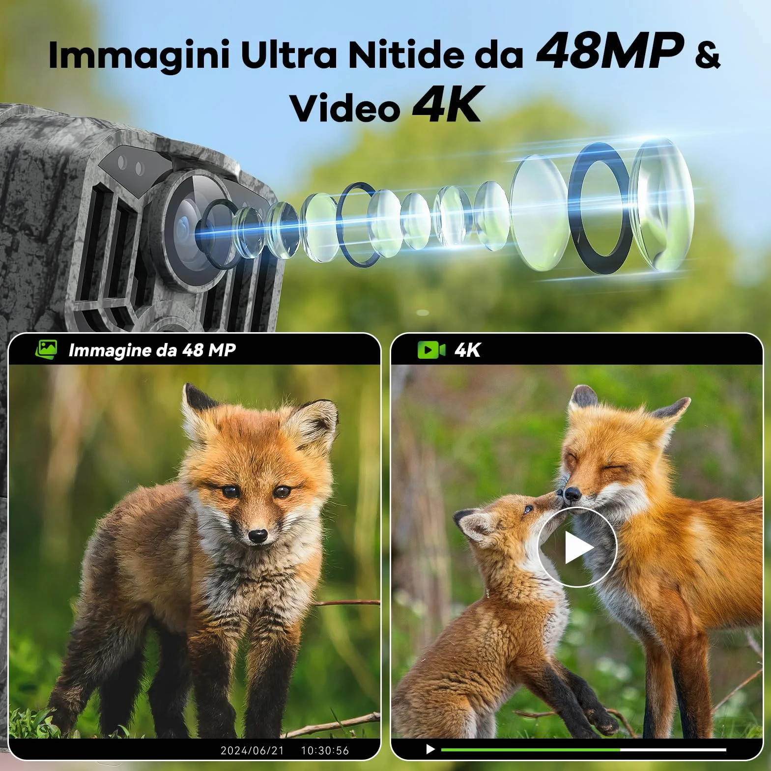 DEATTI Fototrappola WIFI 4K 48MP con Scheda SD 32GB Visione Notturna Impermeabile IP66