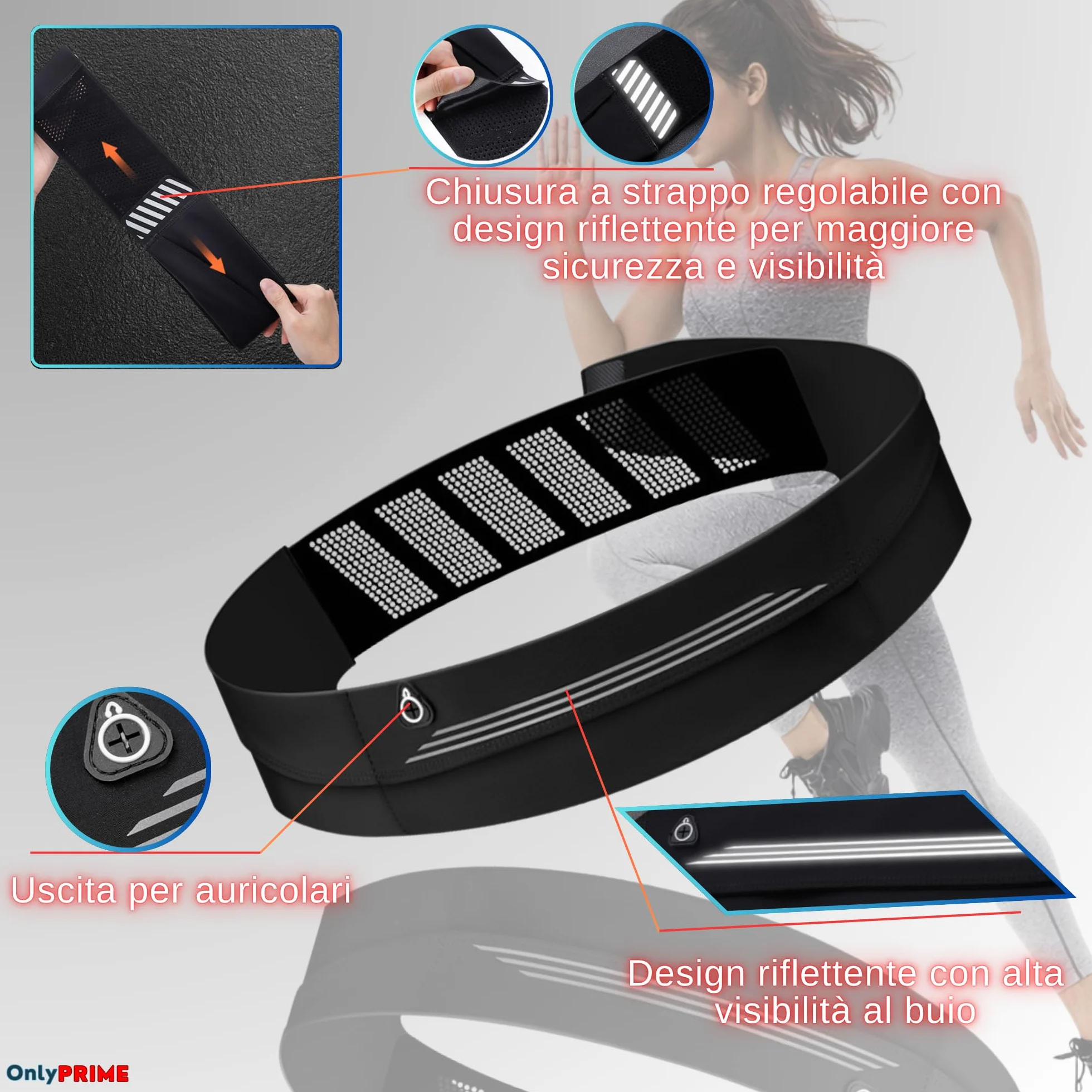 Marsupio Running Uomo Donna Cintura Porta Telefono Corsa Regolabile 60-110 cm Impermeabile con Tasche Design Riflettente