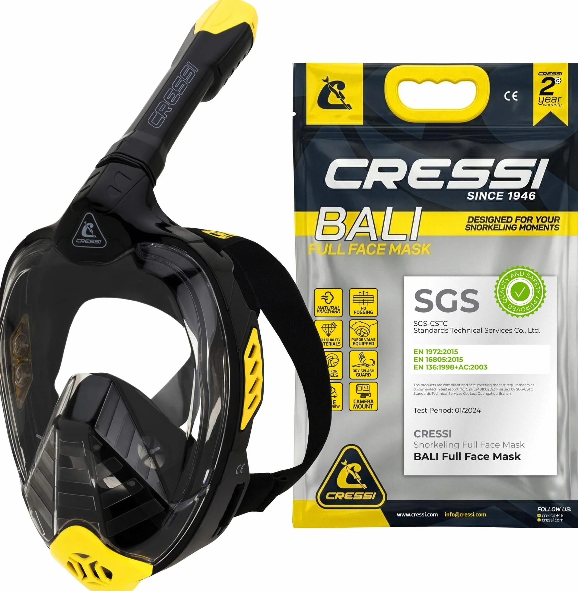 CRESSI Bali Full Face Mask Snorkeling Integrale Unisex, Lente Ultra Chiara Anti Fog, 100% Silicone, Snorkel Dry con Valvole Sicurezza