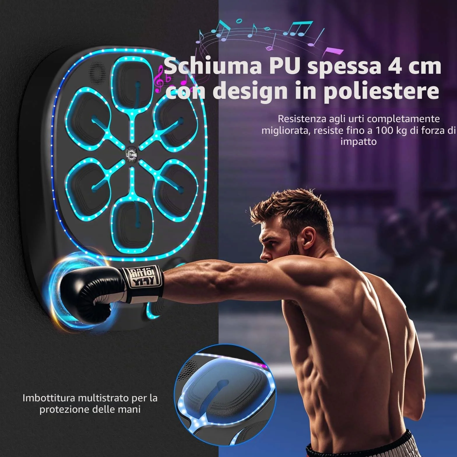 Macchina da Boxe Musicale con luci LED, Bluetooth, 9 modalità di velocità e Funzione di conteggio – Macchina da Boxe Elettronica per Bambini e Adulti – Boxe Musicale per casa e Palestra