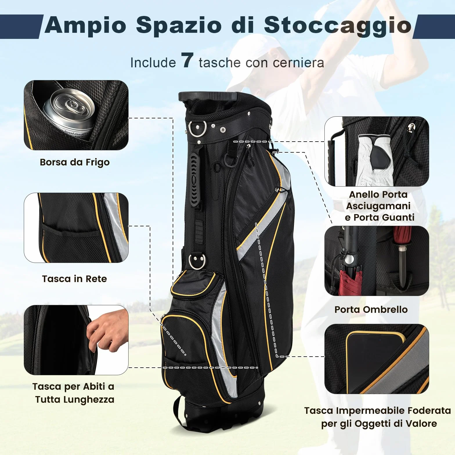 COSTWAY Borsa da Golf a 8 Vie, Leggera 2 kg con Separatori, 7 Tasche, Borsa Frigo e Cappuccio
