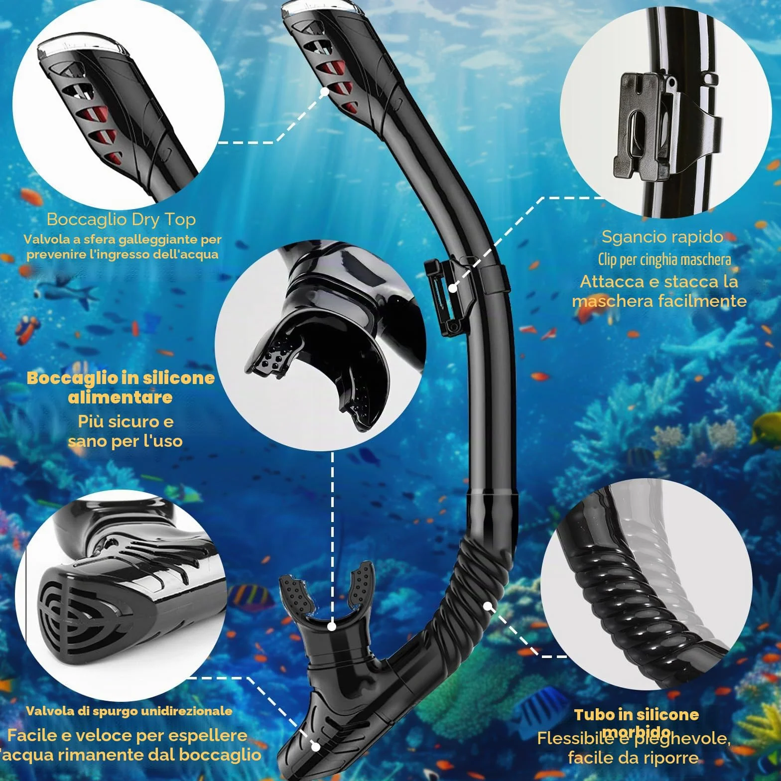 Maschera Snorkeling Adulto Antiappannante Panoramica 180° Set con Boccaglio
